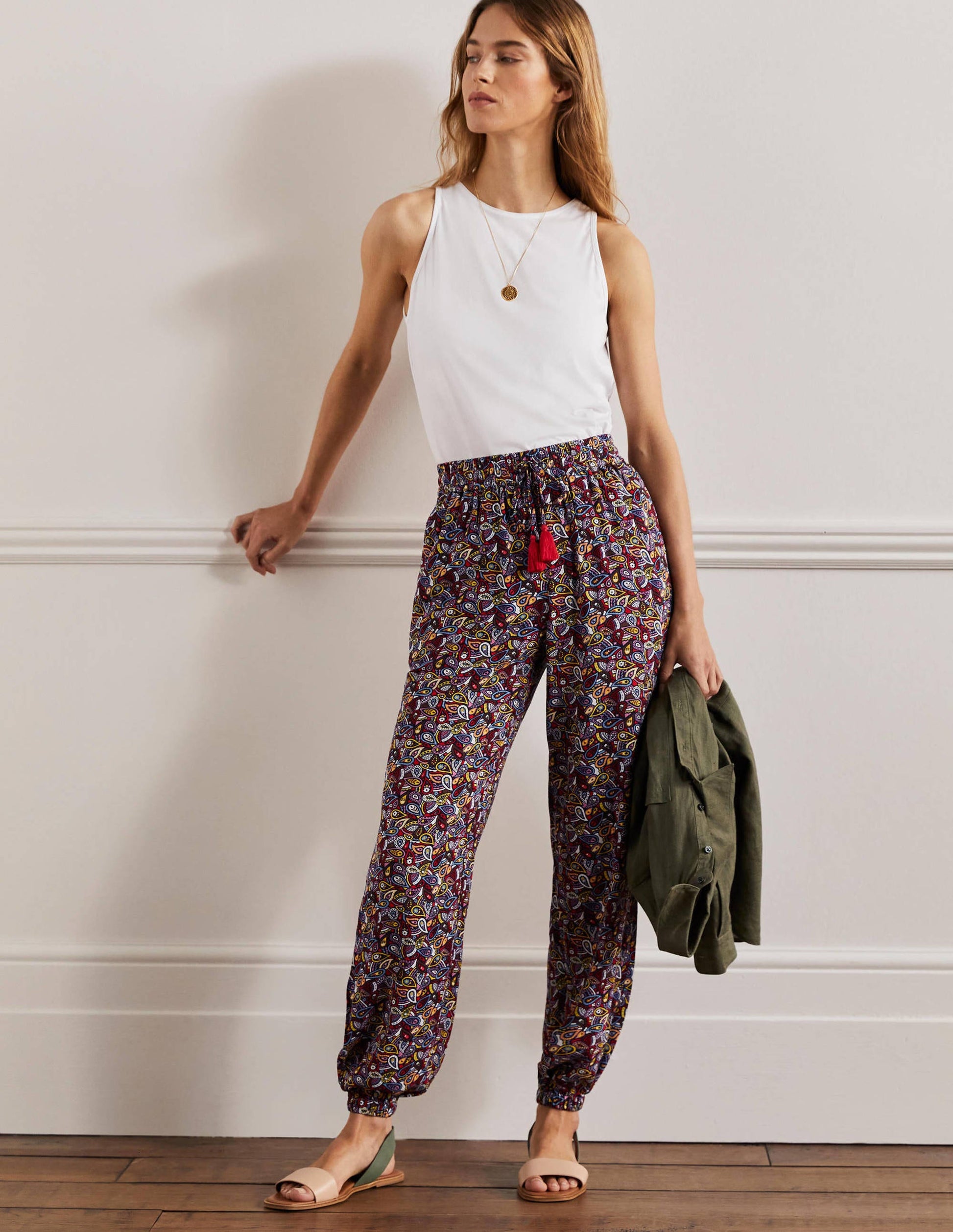 Crinkle Tapered Pants-French Navy, Paisley Blush-1