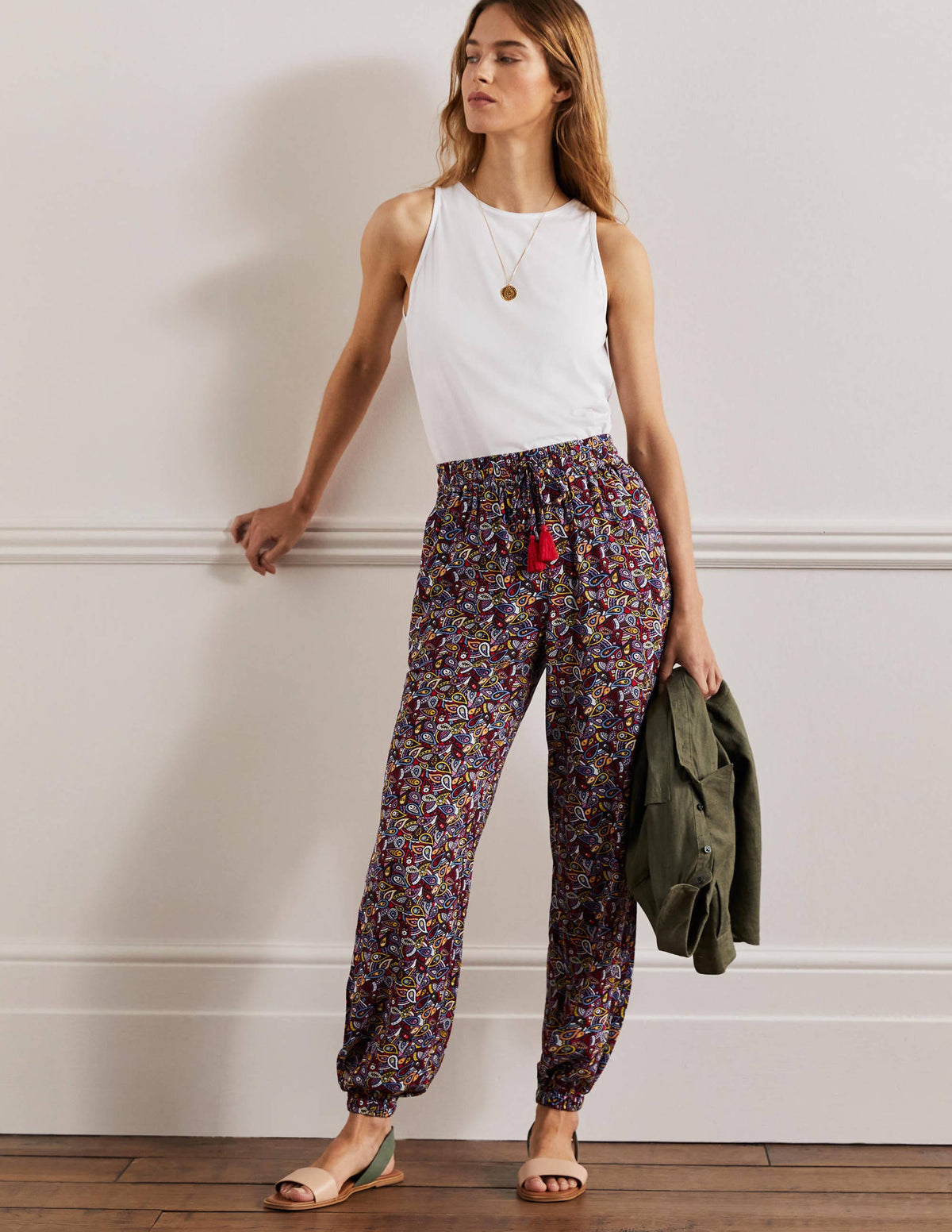Crinkle Tapered Pants-French Navy, Paisley Blush - Image 1