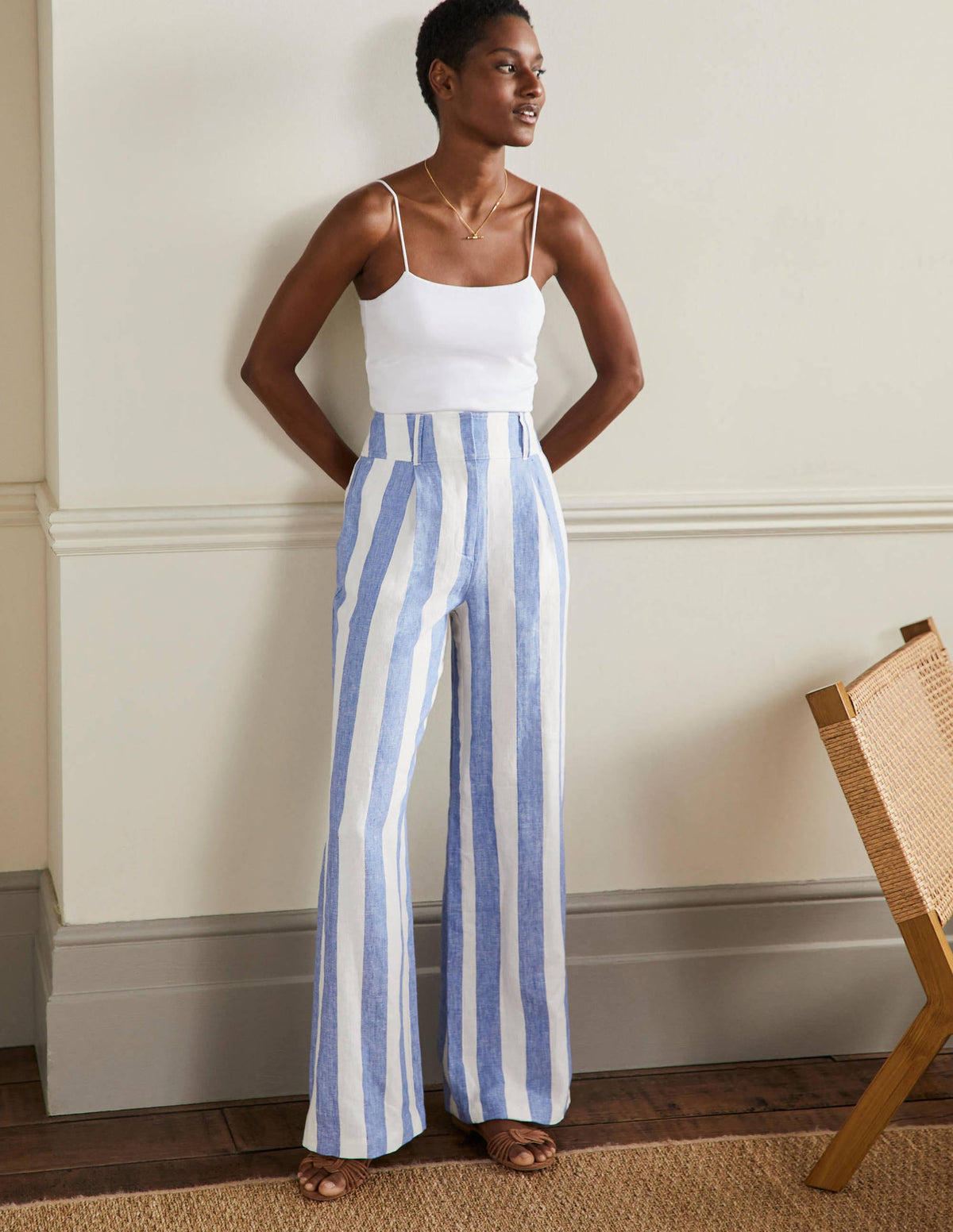 Wide Leg Linen Pants-Bluebell and Ivory Stripe - Image 1