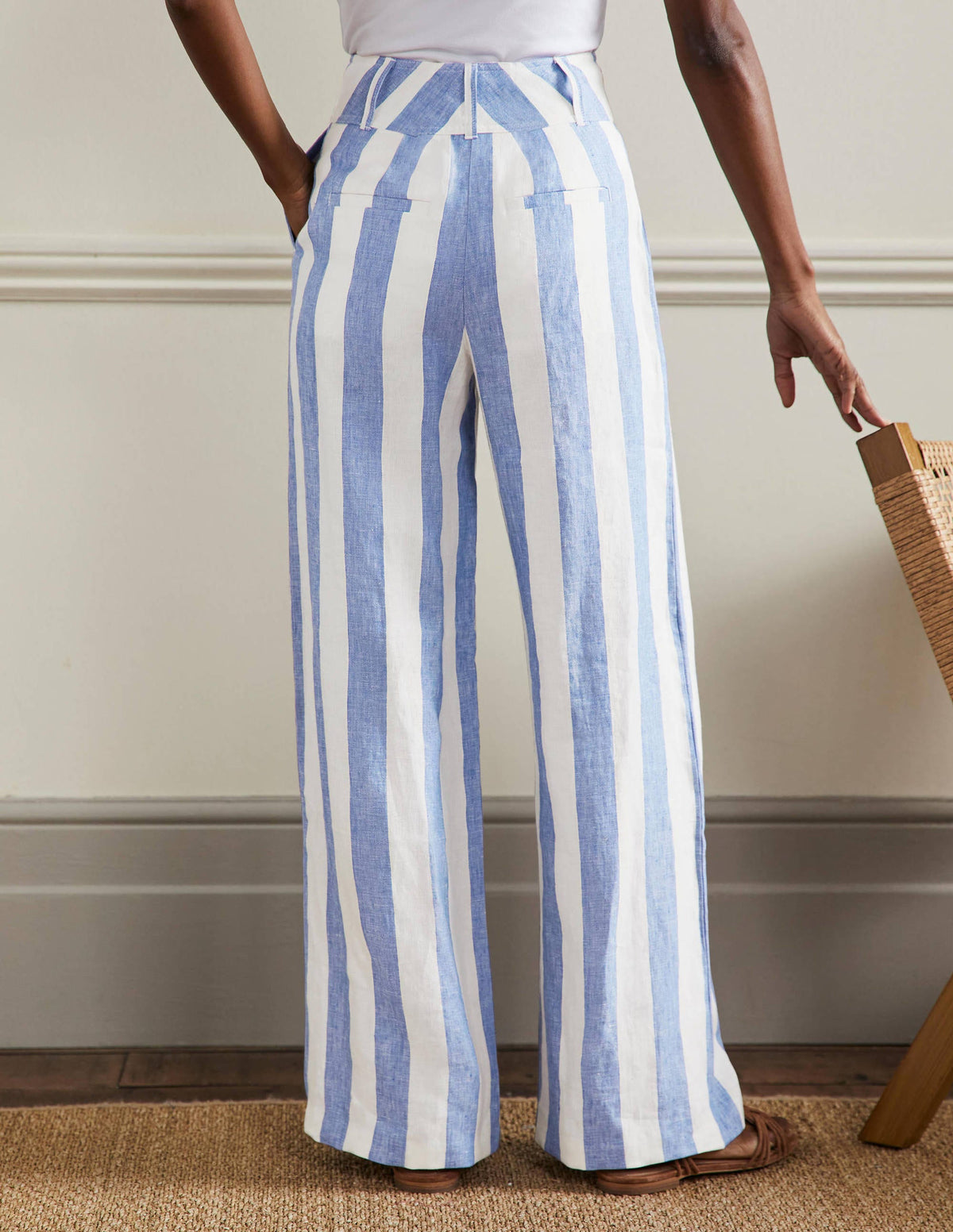 Wide Leg Linen Pants-Bluebell and Ivory Stripe - Image 3