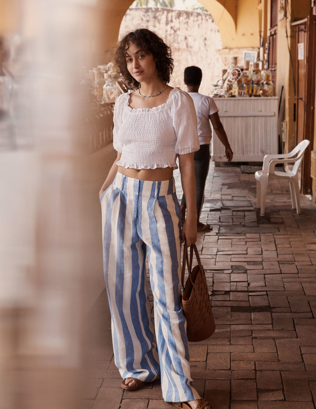 Wide Leg Linen Pants-Bluebell and Ivory Stripe-5