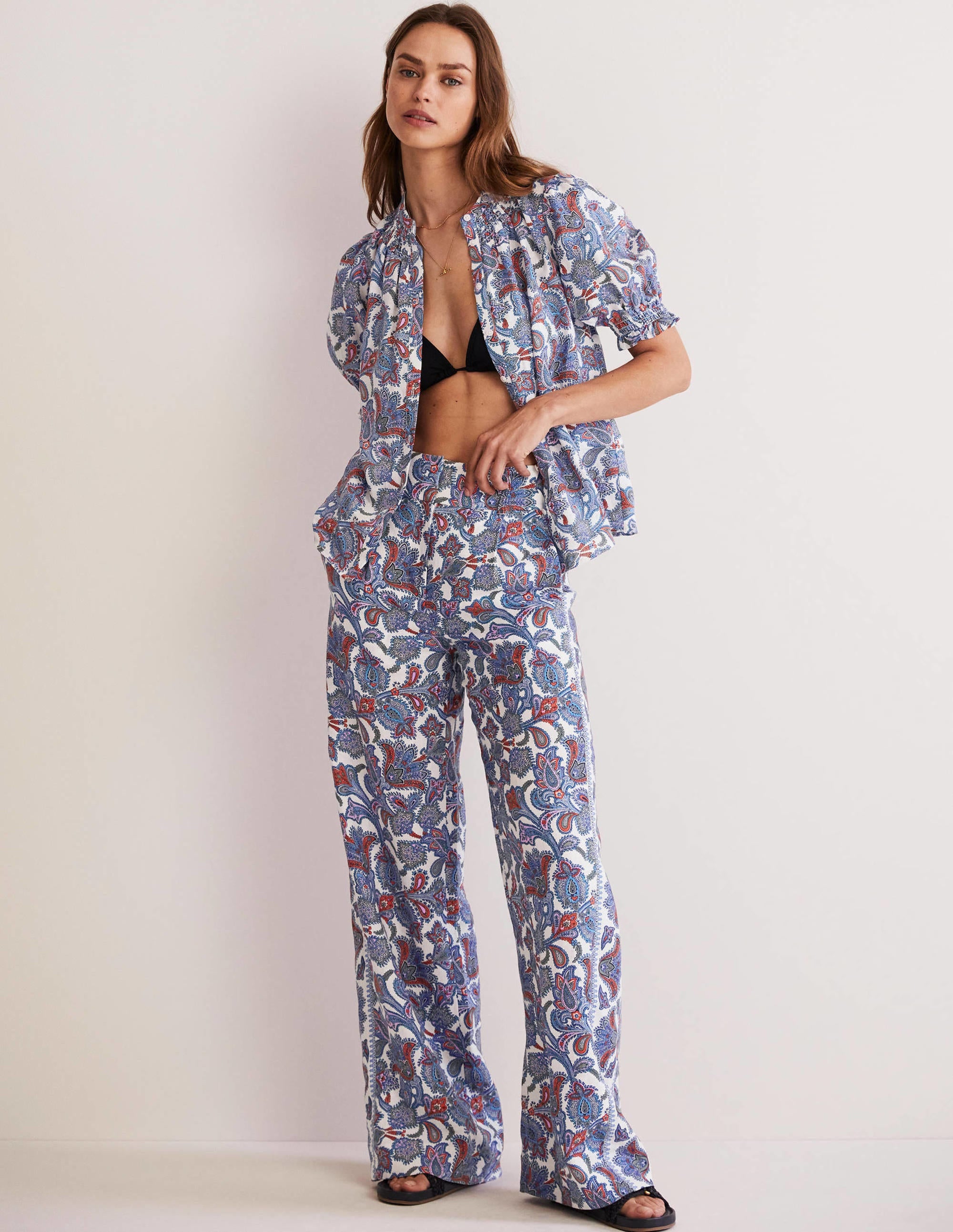 Wide Leg Linen Pants-Multi, Paisley Bud - Image 1
