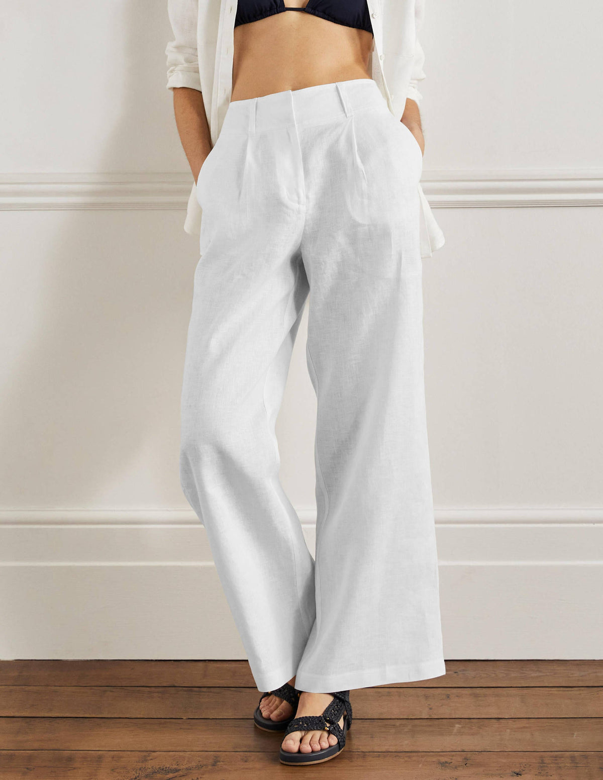 Wide Leg Linen Pants-White-4
