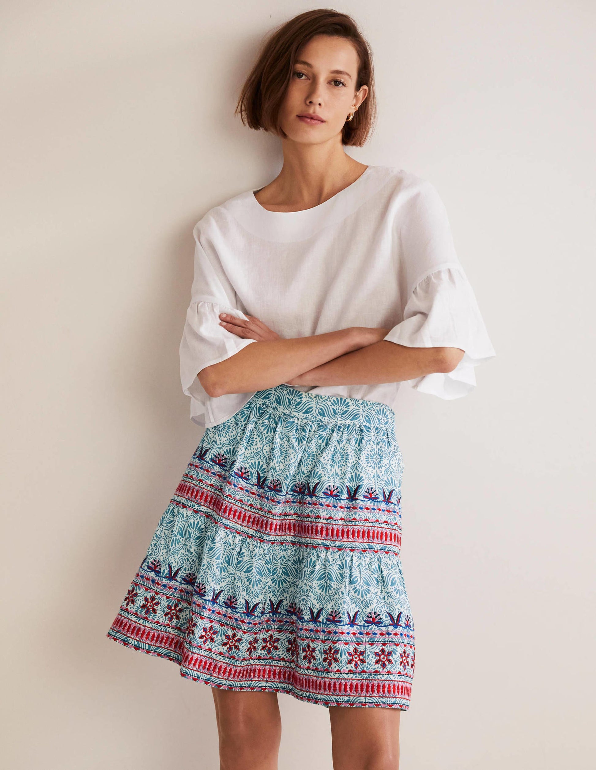 Embroidered Linen Mini Skirt-Larkspur, Oriental Diamond-1