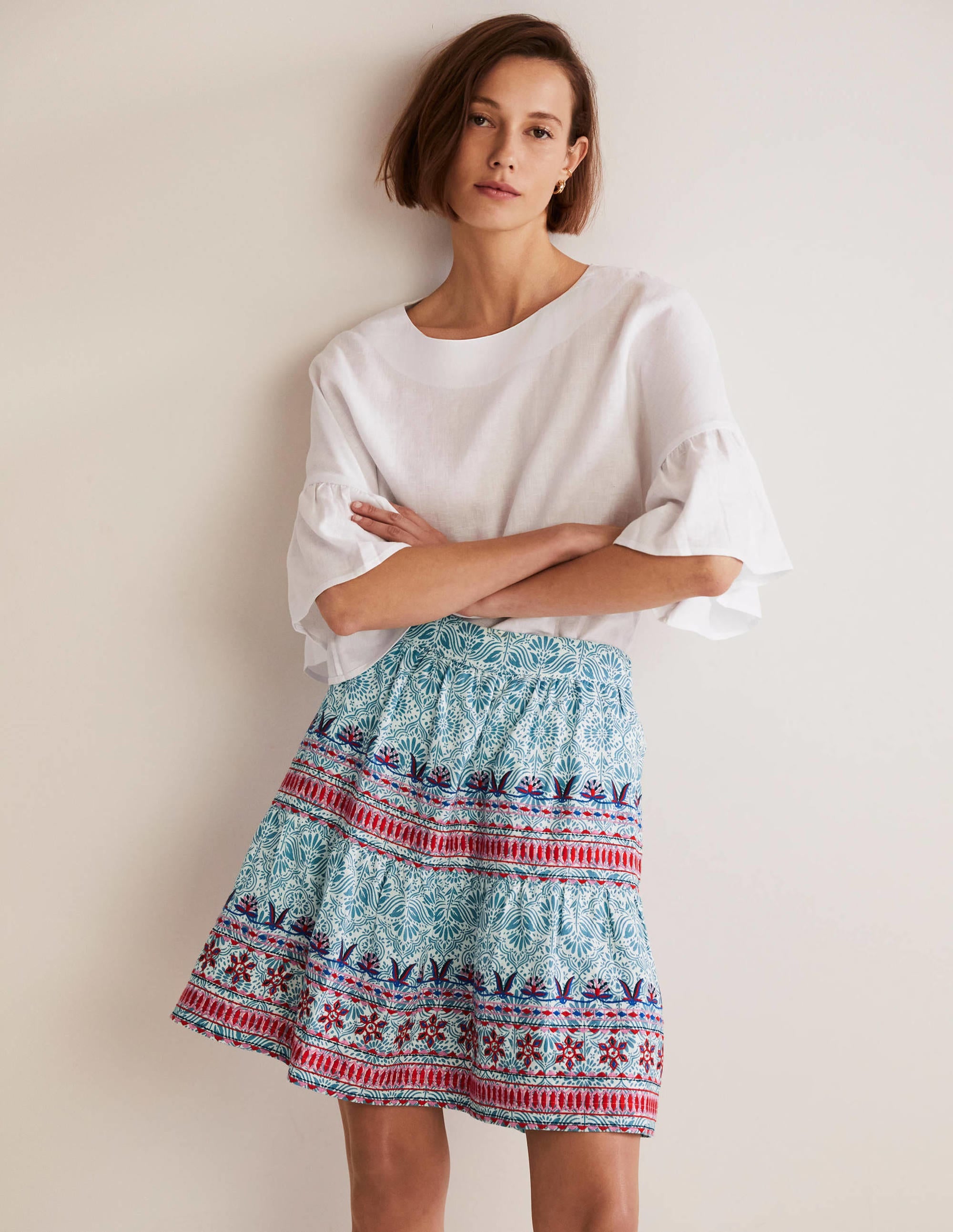Embroidered Linen Mini Skirt-Larkspur, Oriental Diamond - Image 1
