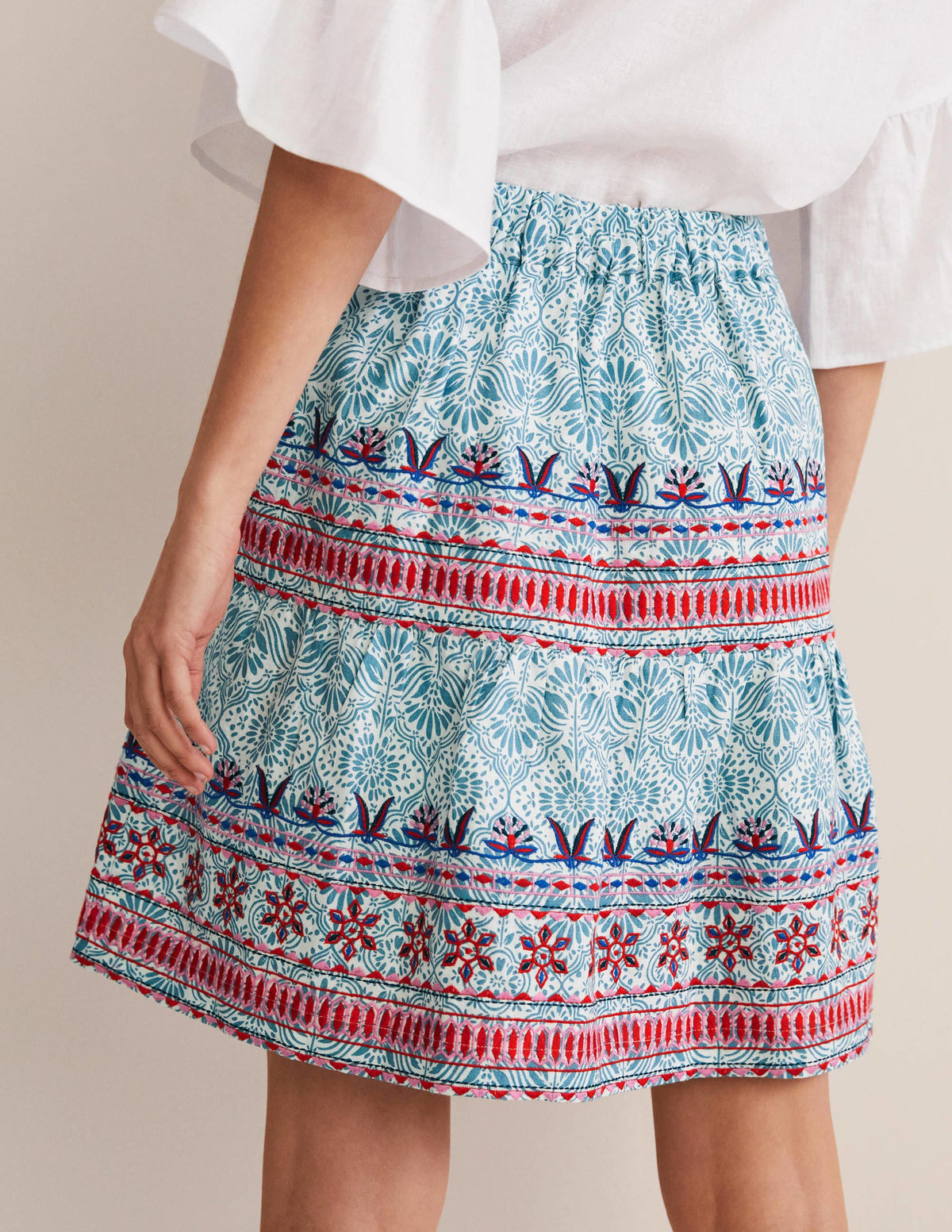 Embroidered Linen Mini Skirt-Larkspur, Oriental Diamond-4