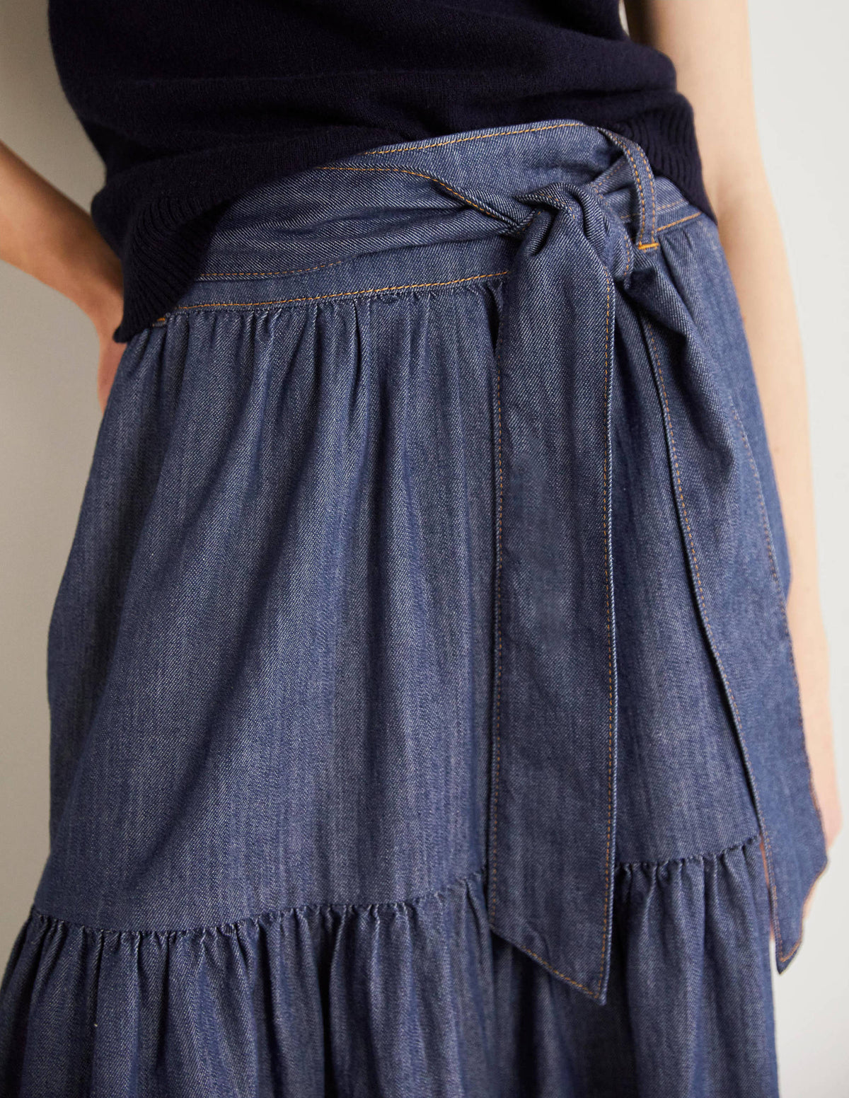 Tiered Belted Midi Skirt-Mid Vintage Denim-2
