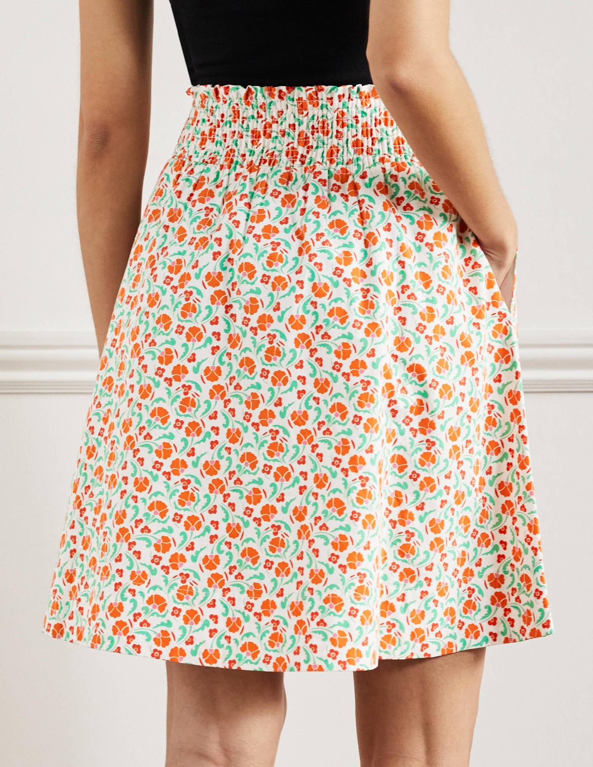 Shirred Waist Cotton Skirt-Bright Papaya, Delicate Bud - Image 3