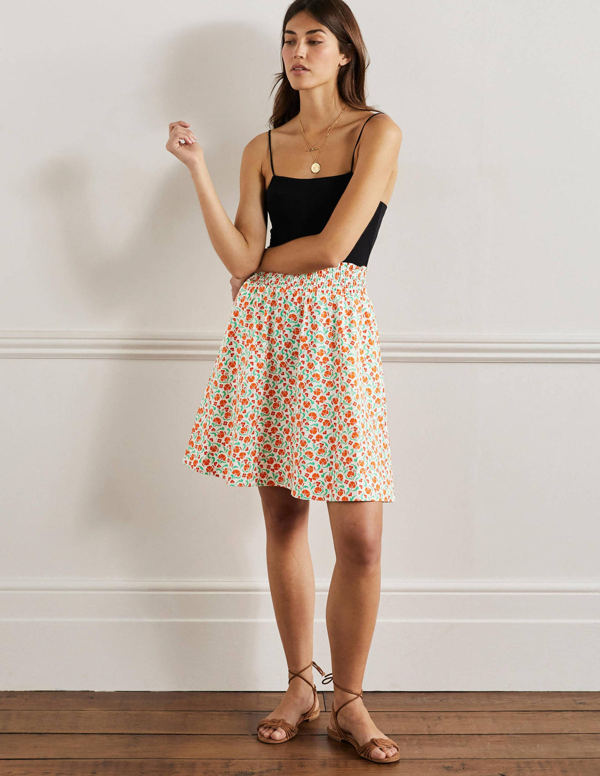 Shirred Waist Cotton Skirt-Bright Papaya, Delicate Bud - Image 4