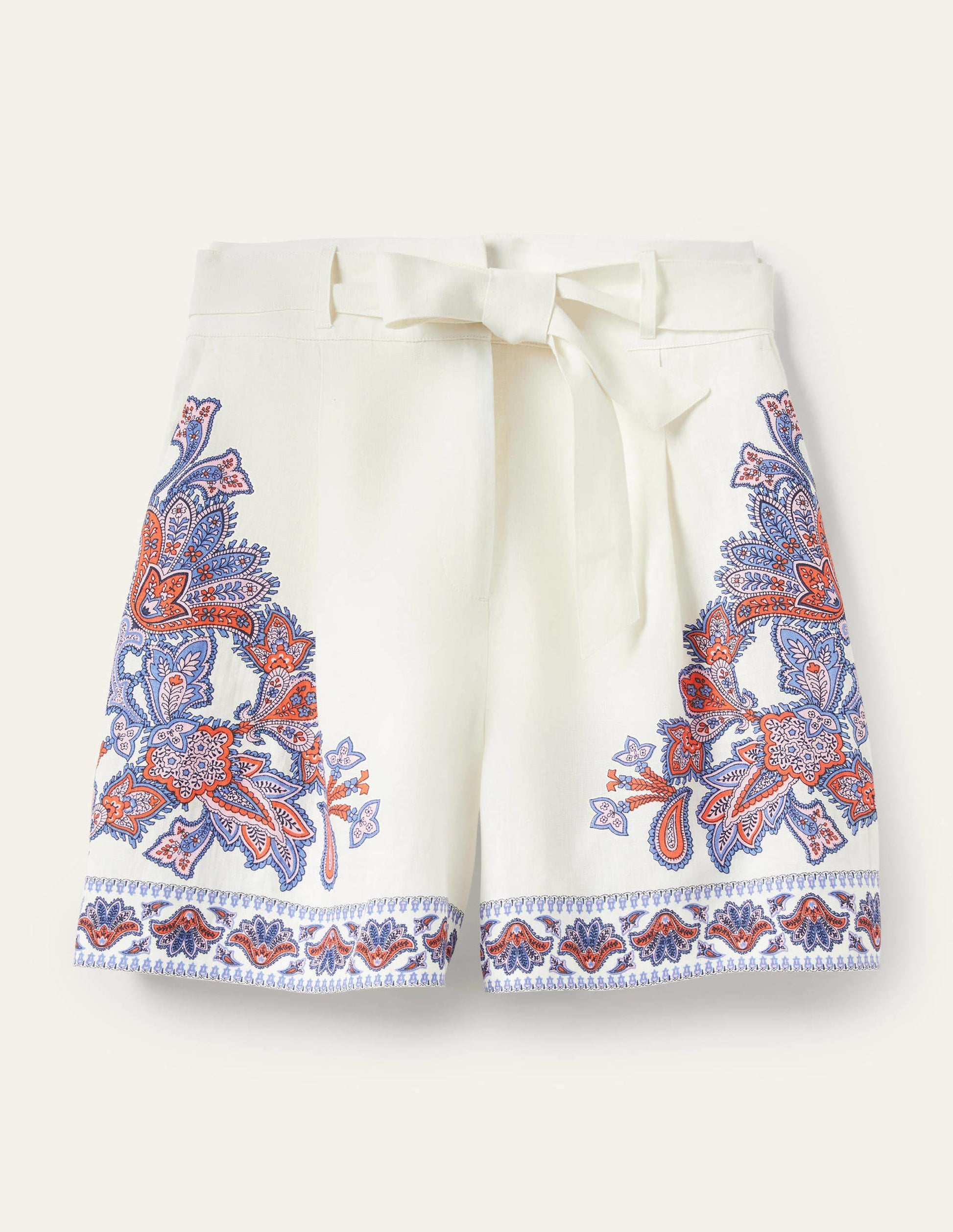 Alma Tie Waist Linen Shorts-Ivory, Paisley Bud-6