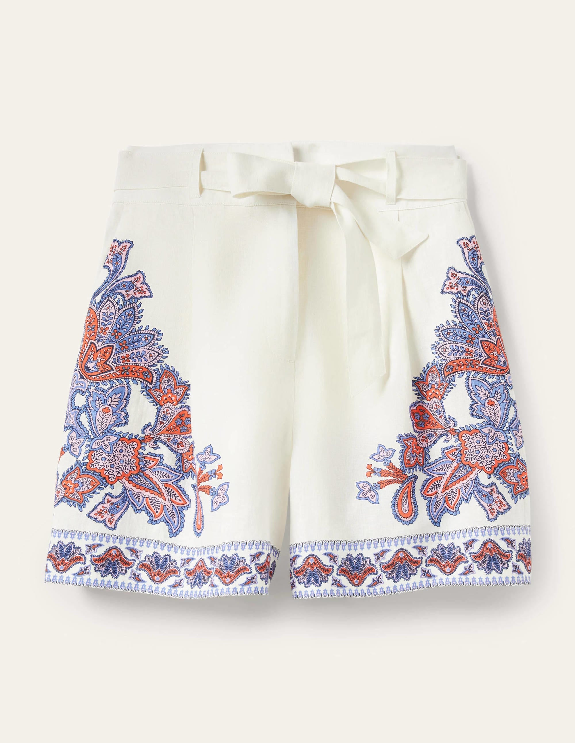 Alma Tie Waist Linen Shorts-Ivory, Paisley Bud - Image 6