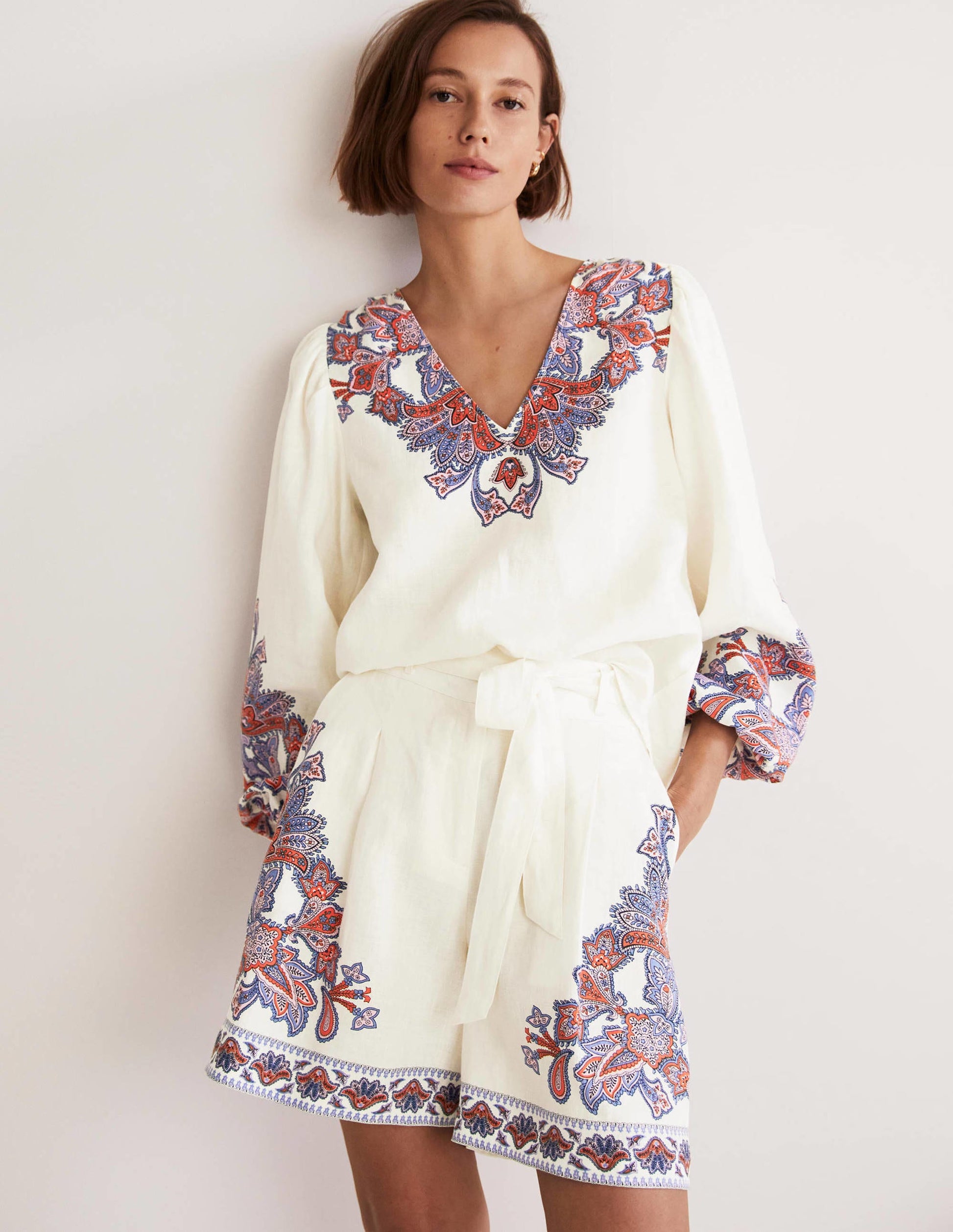 Alma Tie Waist Linen Shorts-Ivory, Paisley Bud-1