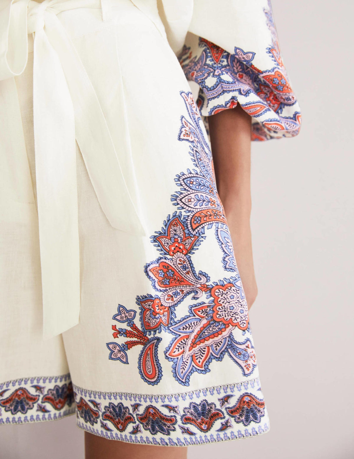Alma Tie Waist Linen Shorts-Ivory, Paisley Bud-2