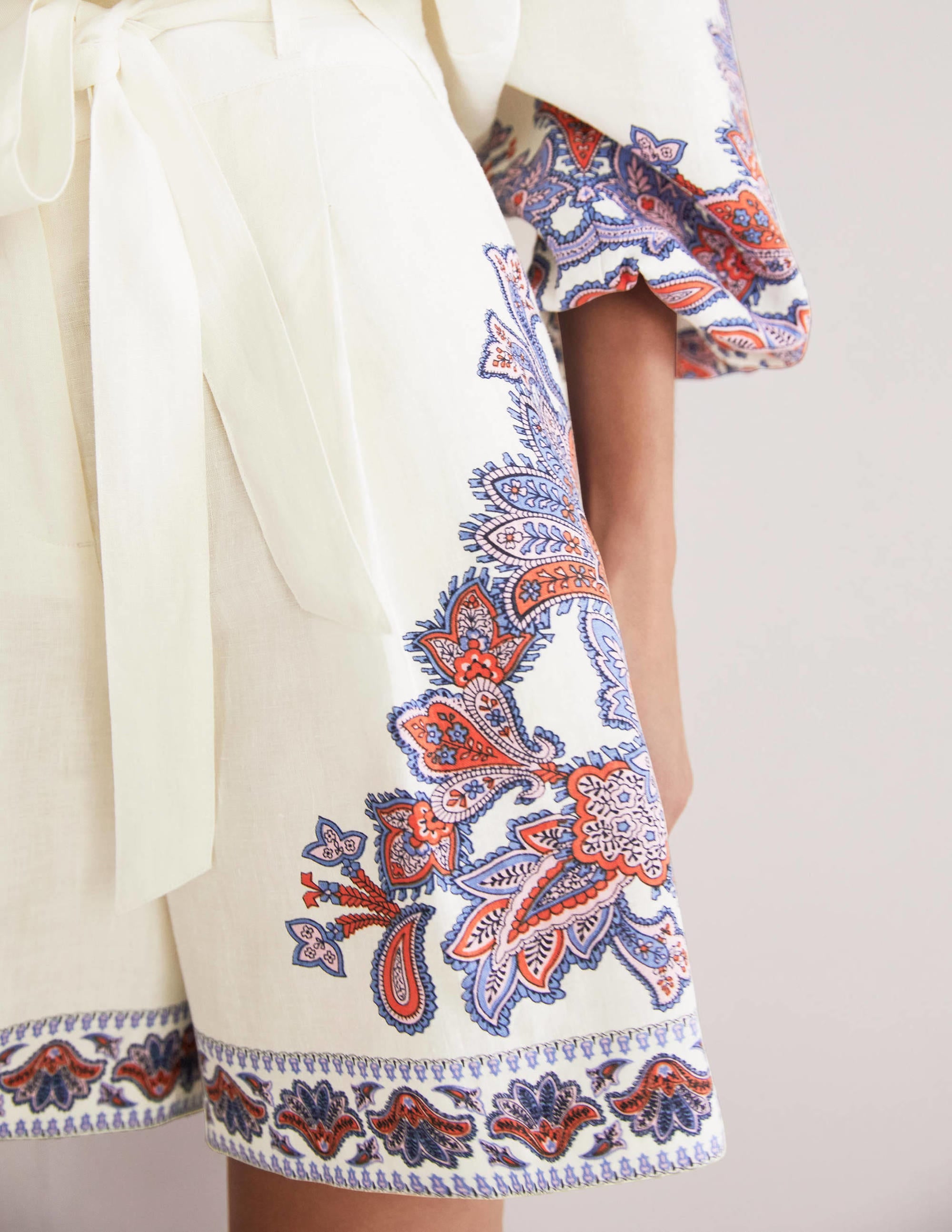 Alma Tie Waist Linen Shorts-Ivory, Paisley Bud - Image 2