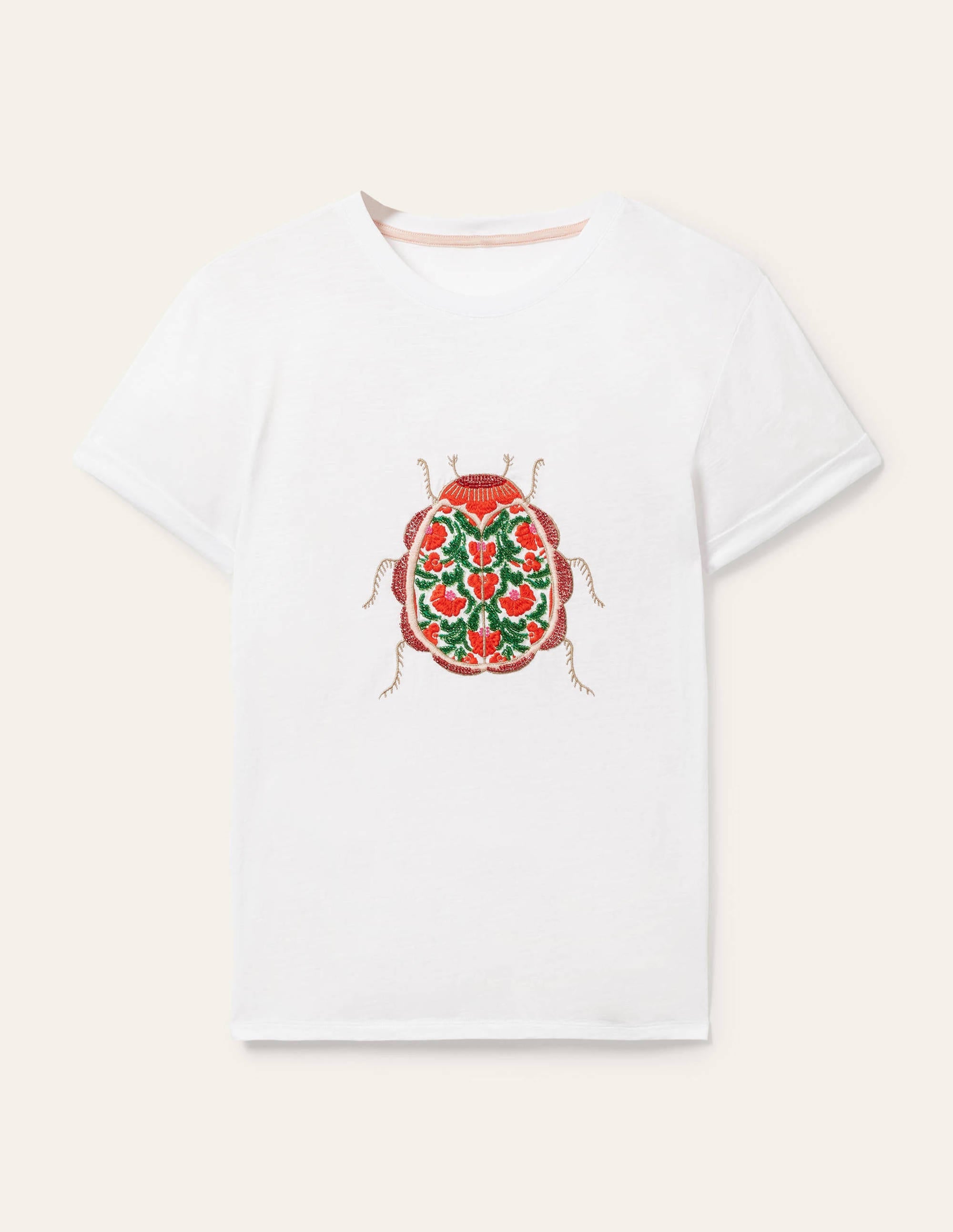 Turn Up Cuff Cotton T-shirt-White, Beetle - Image 6