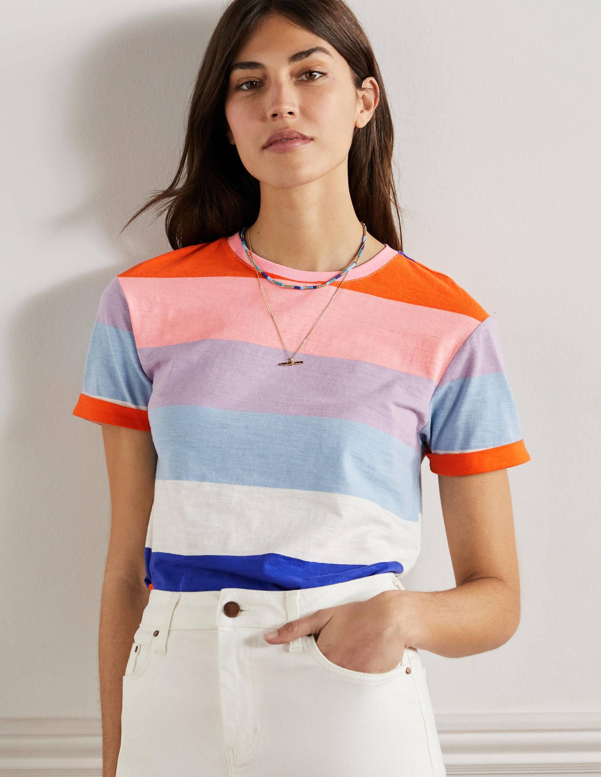 Turn Up Cuff Cotton T-shirt-Atlantic Ocean / Orange Stripe-1
