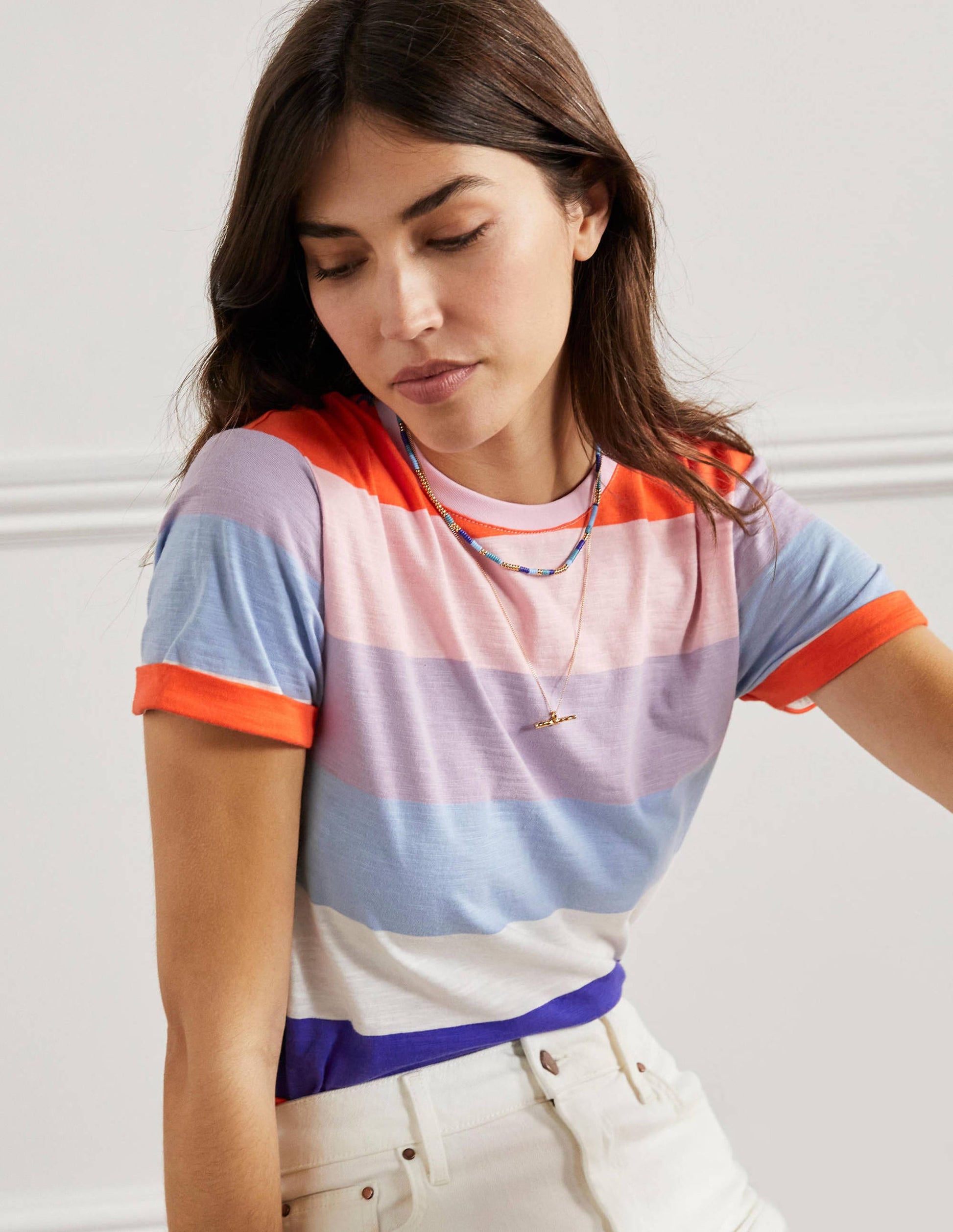 Turn Up Cuff Cotton T-shirt-Atlantic Ocean / Orange Stripe-4