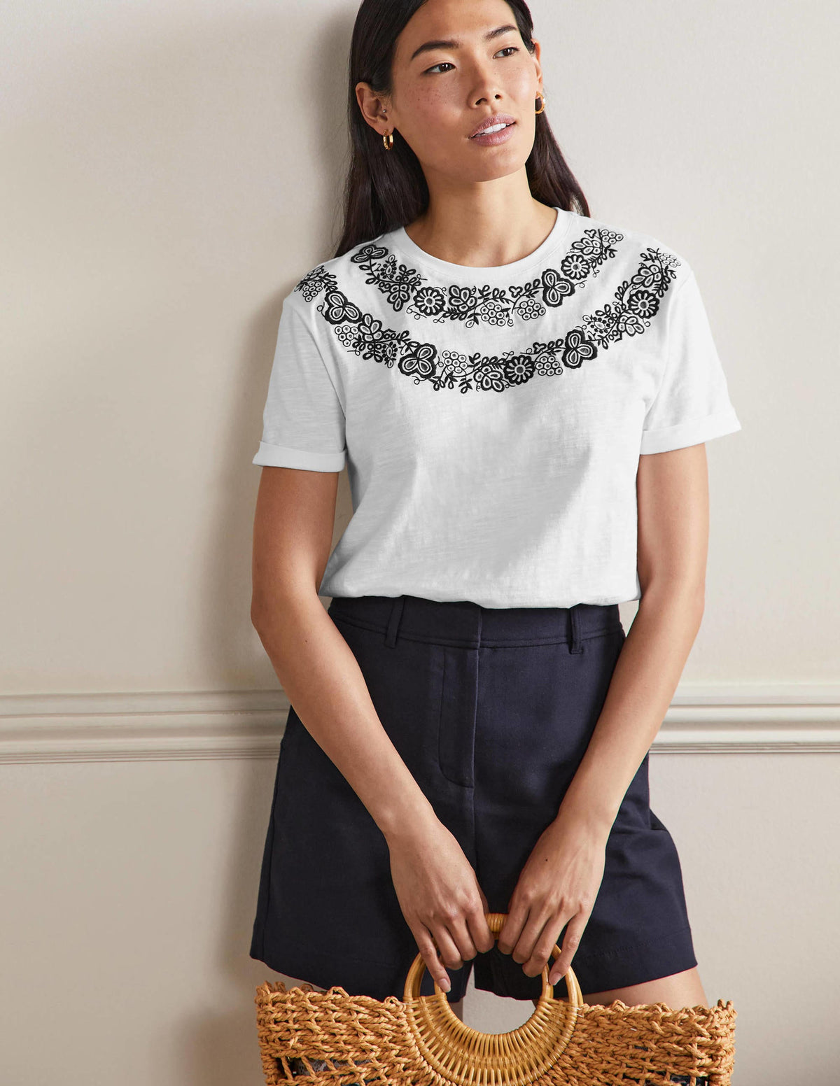 Turn Up Cuff Cotton T-shirt-White, Embroidered - Image 5