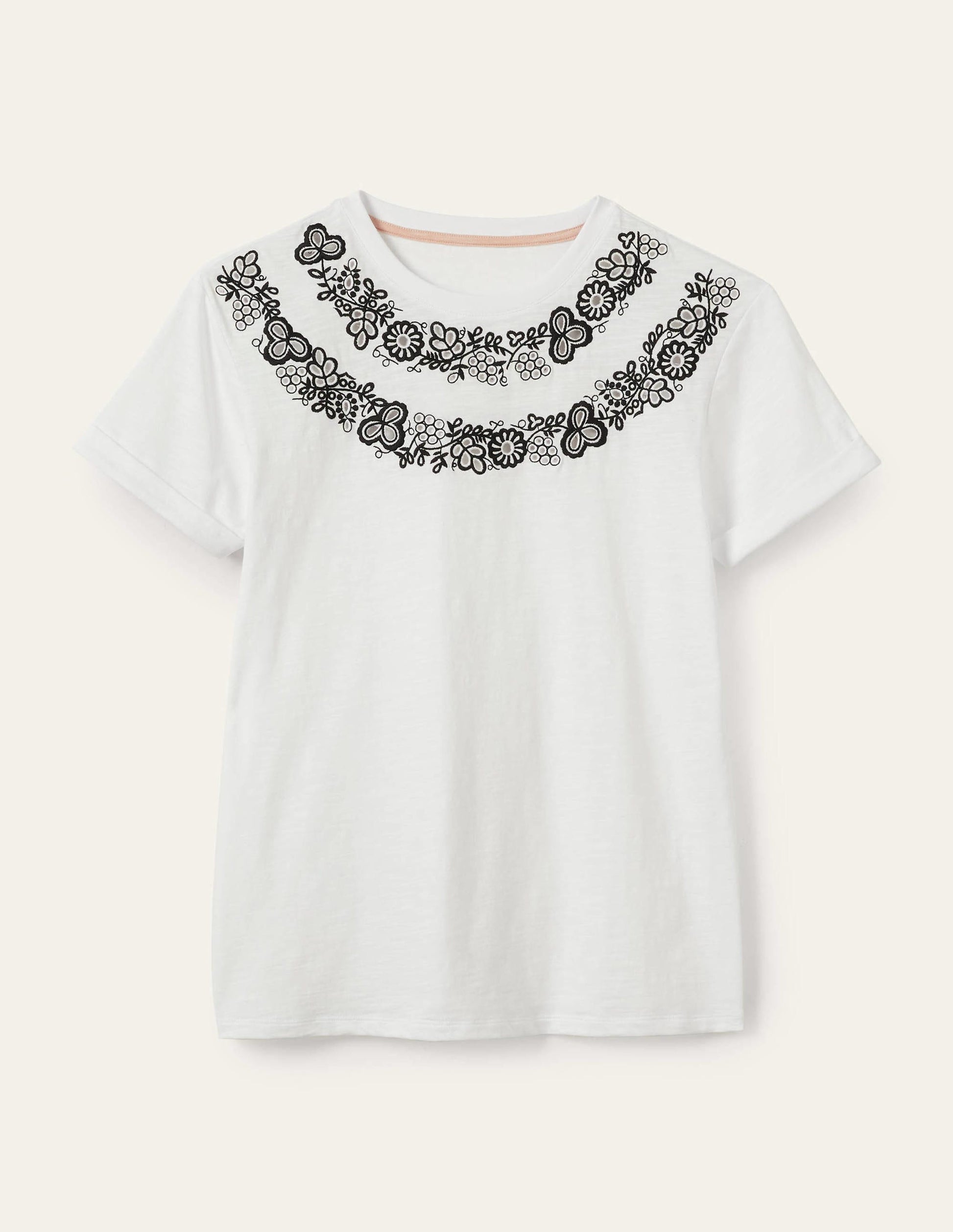 Turn Up Cuff Cotton T-shirt-White, Embroidered-6