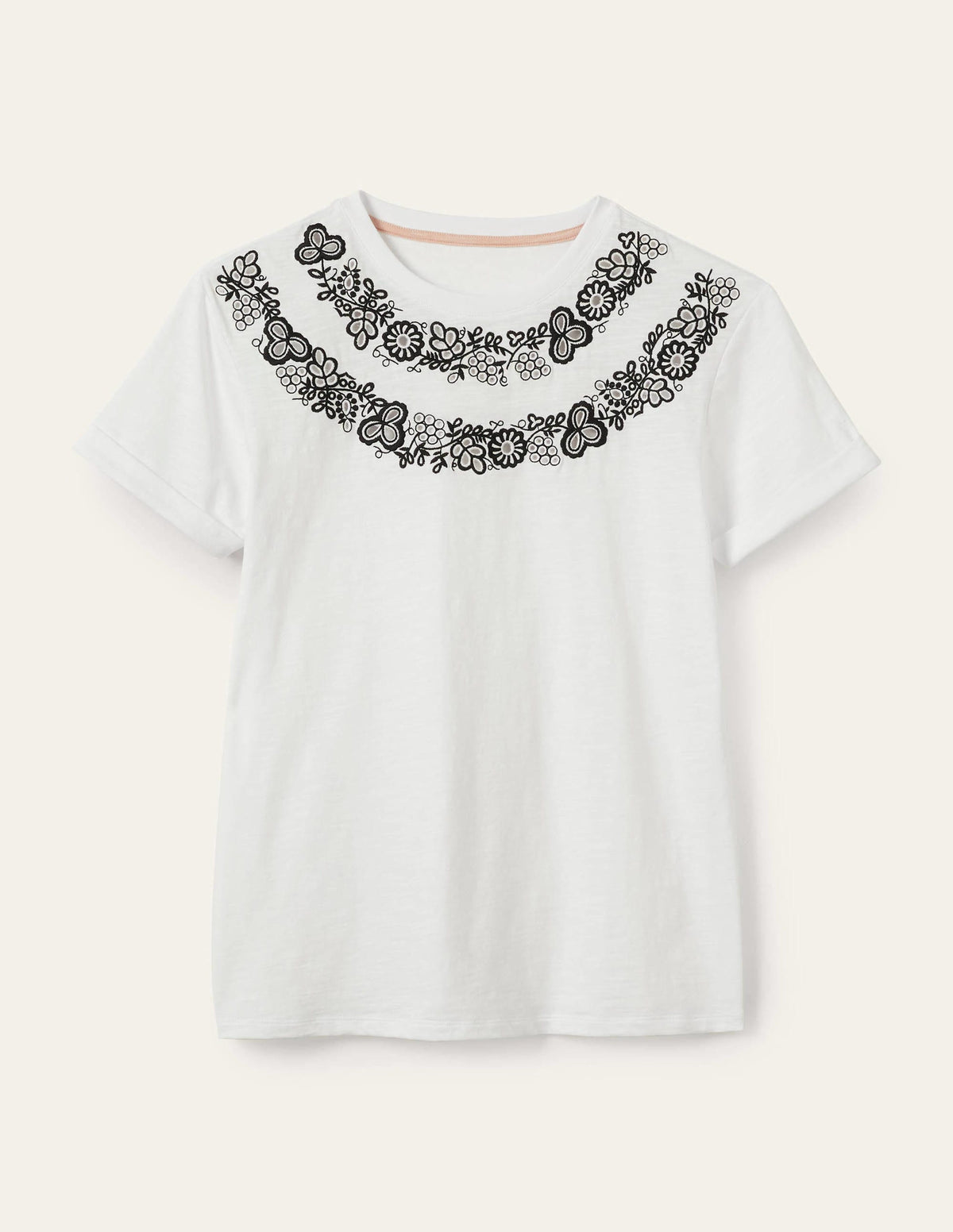 Turn Up Cuff Cotton T-shirt-White, Embroidered - Image 6