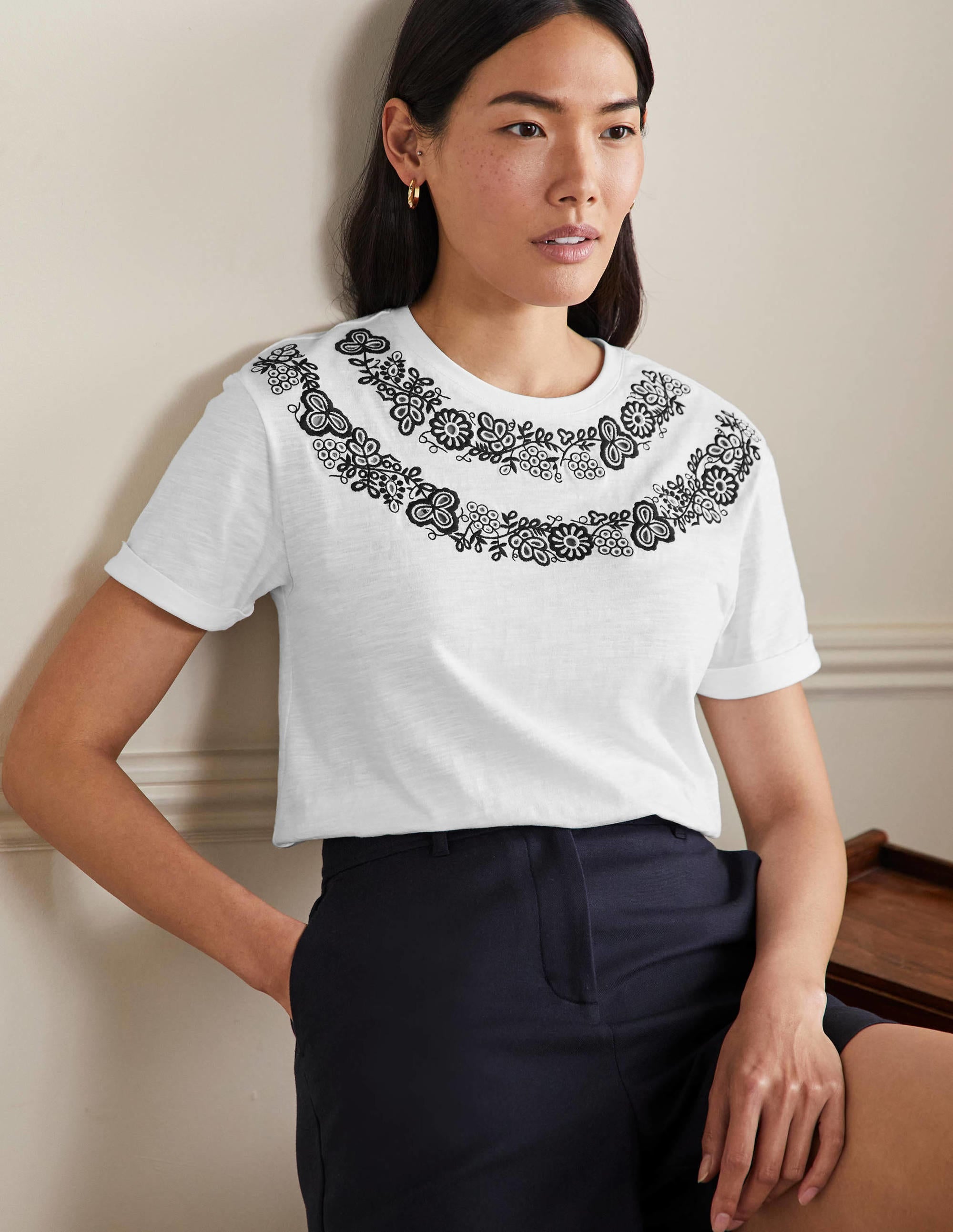 Turn Up Cuff Cotton T-shirt-White, Embroidered - Image 1