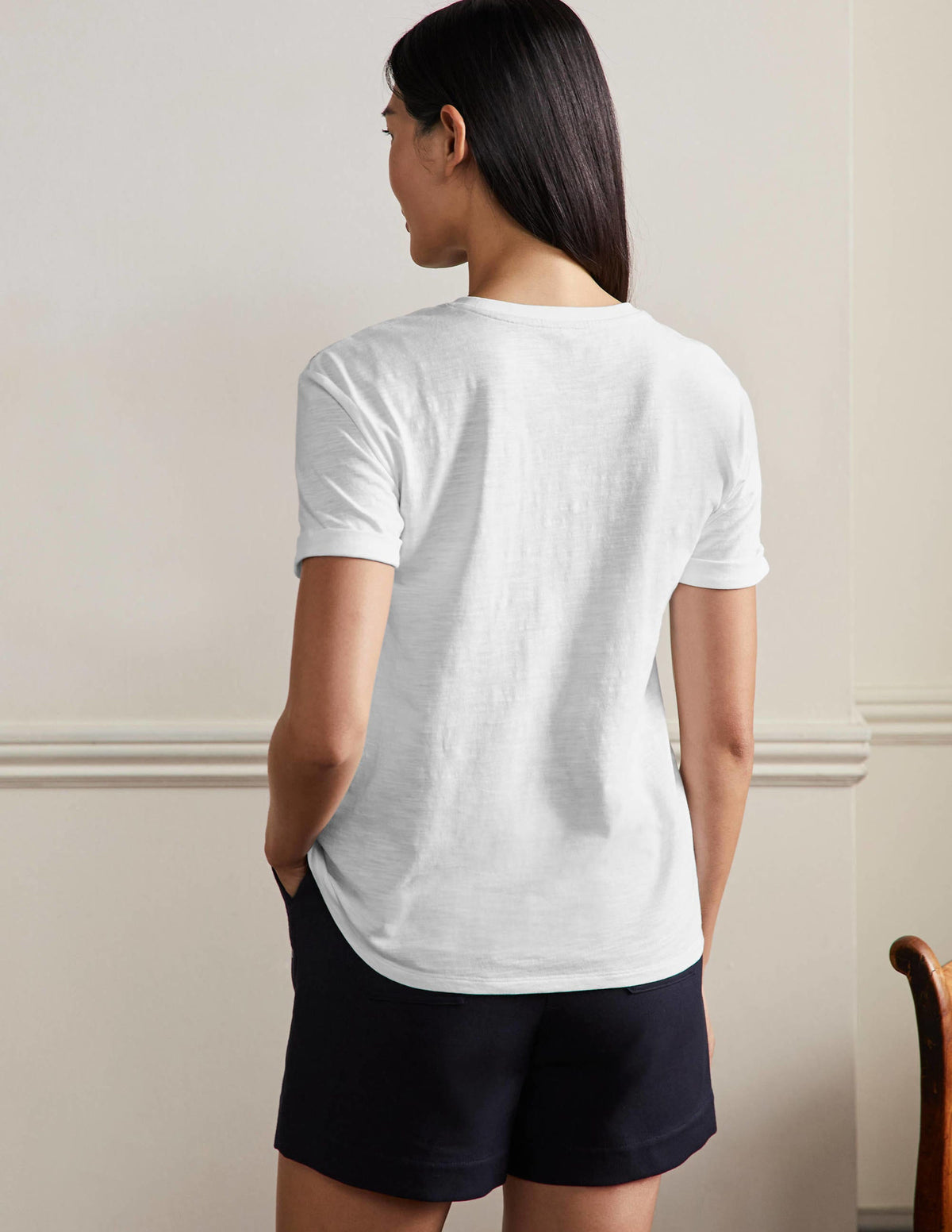 Turn Up Cuff Cotton T-shirt-White, Embroidered - Image 3