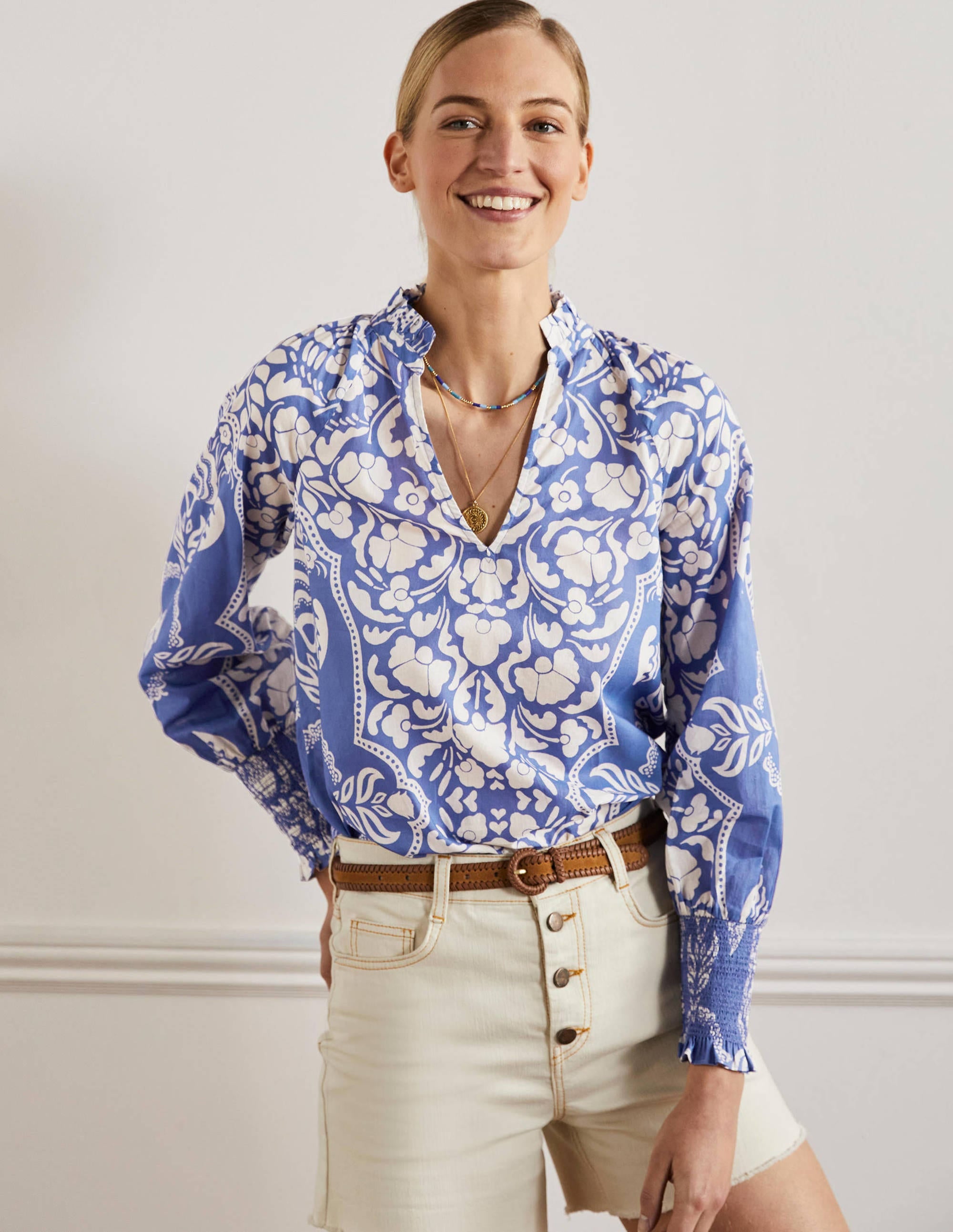 Smocked Cuff Printed Top-Bluebell, Passion Bloom - Image 1
