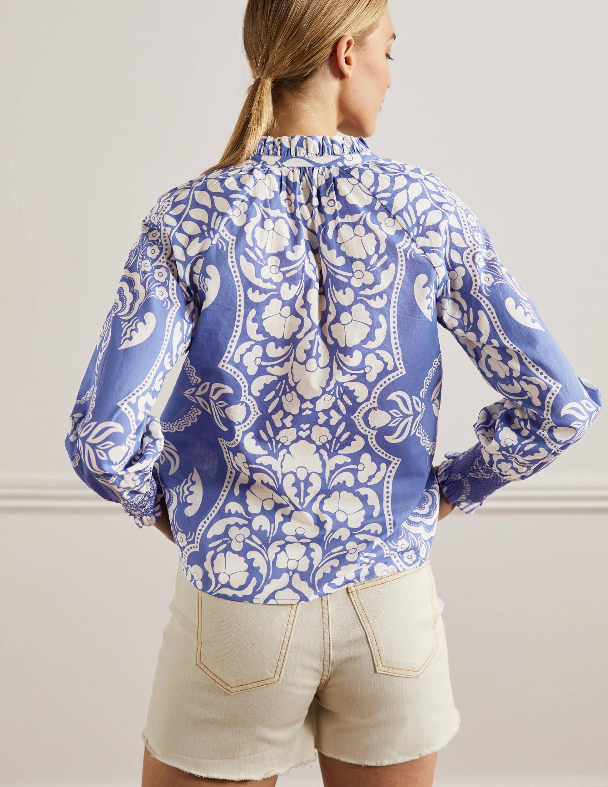 Smocked Cuff Printed Top-Bluebell, Passion Bloom-3