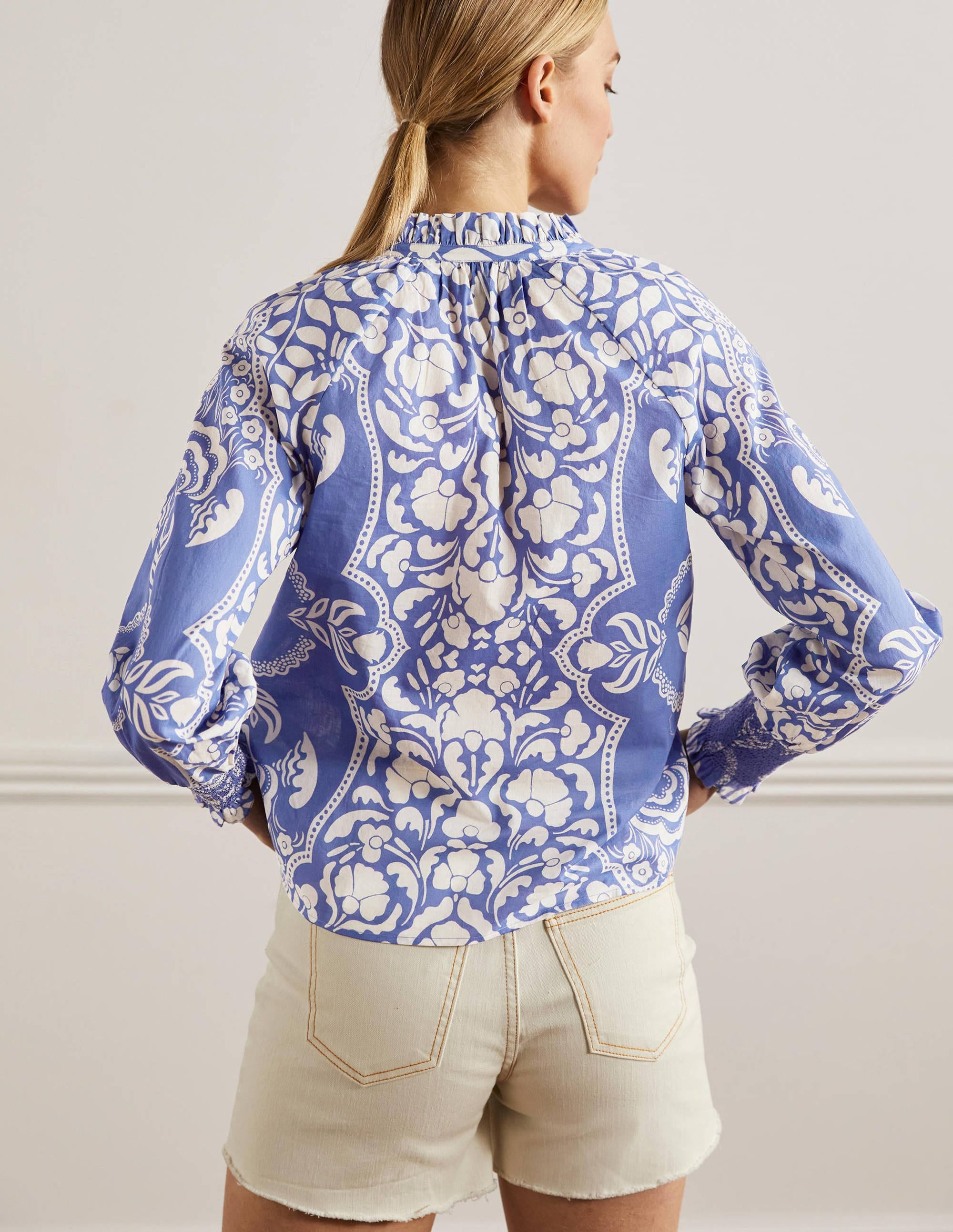 Smocked Cuff Printed Top-Bluebell, Passion Bloom - Image 3