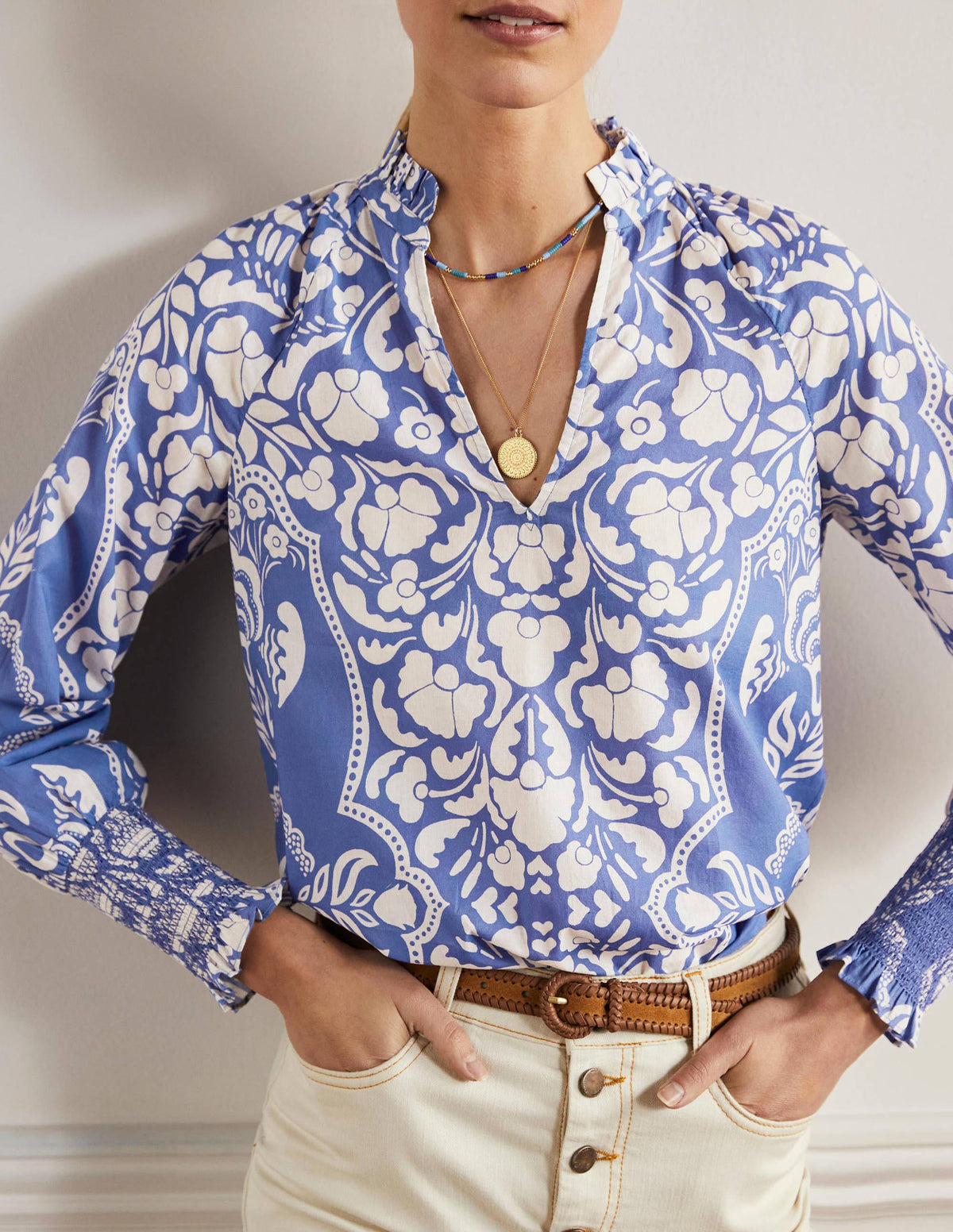 Smocked Cuff Printed Top-Bluebell, Passion Bloom - Image 4
