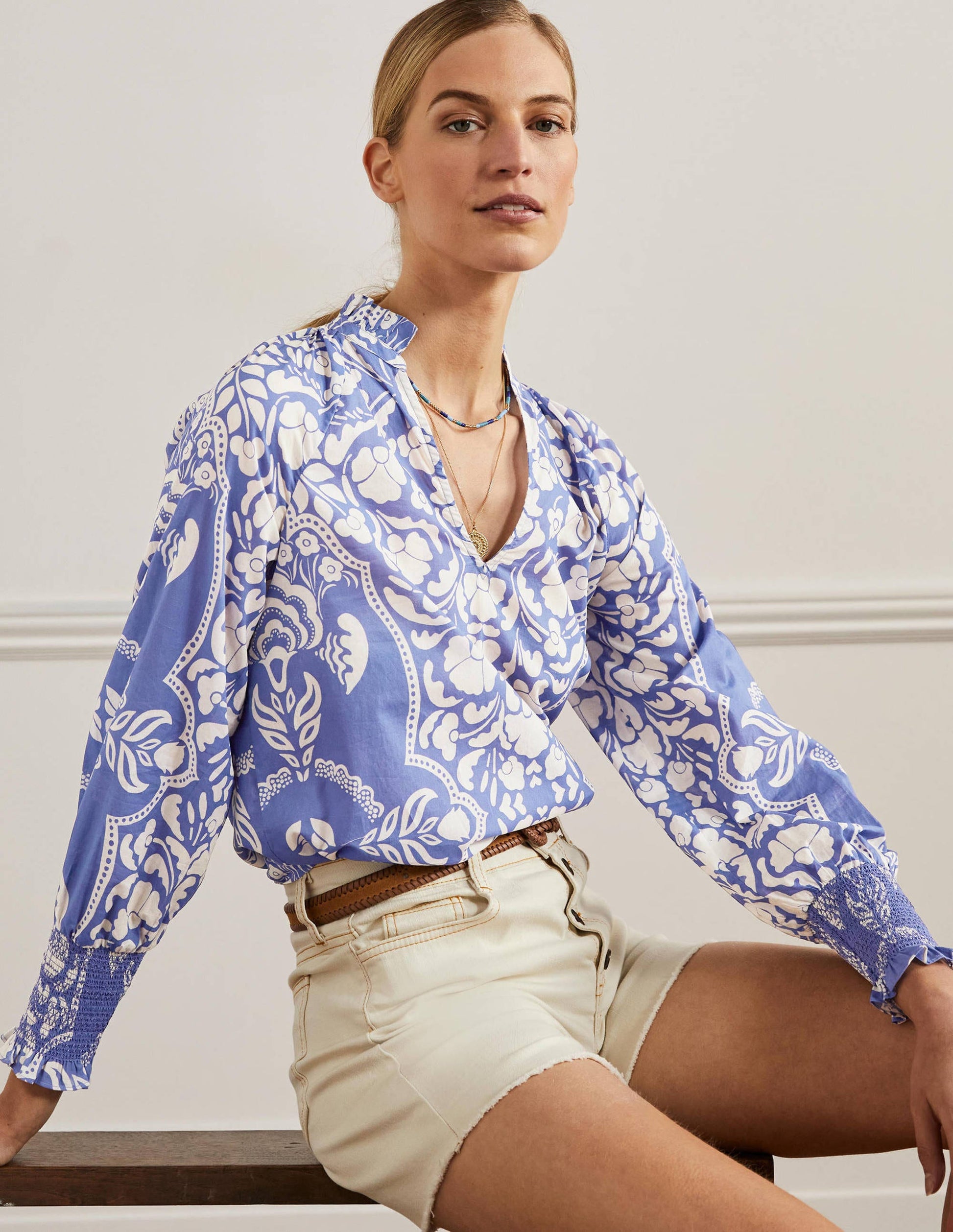 Smocked Cuff Printed Top-Bluebell, Passion Bloom-5