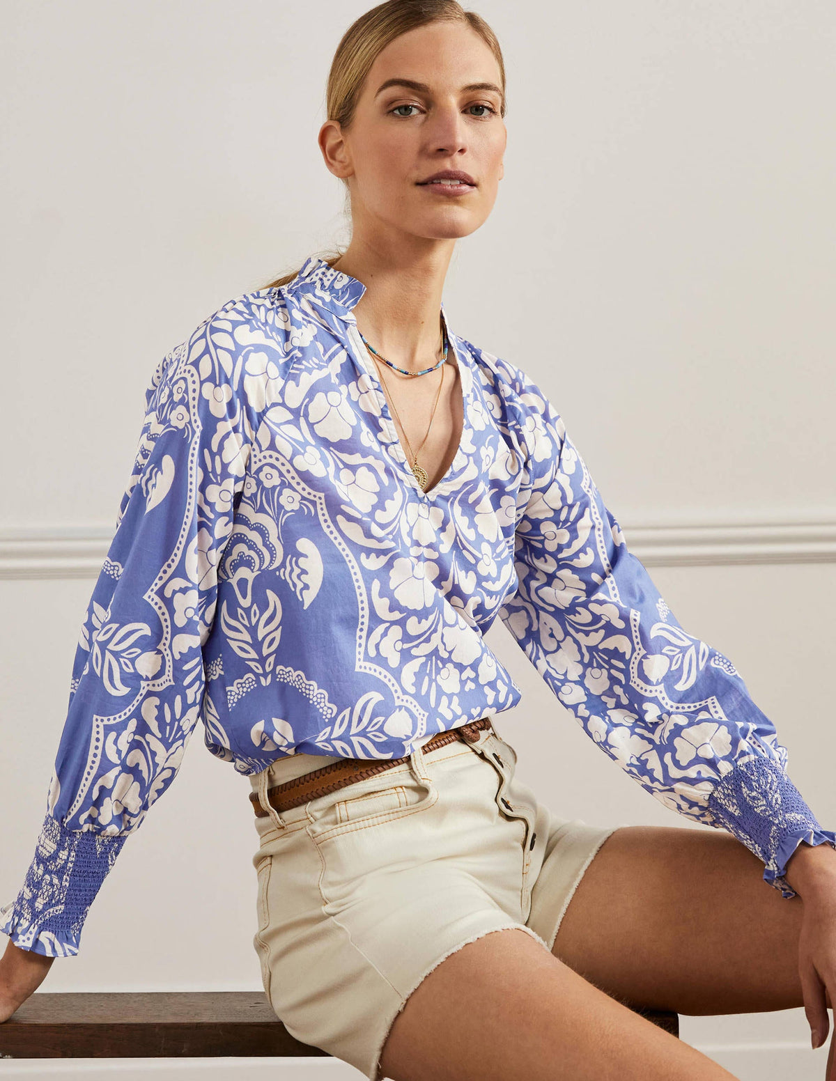 Smocked Cuff Printed Top-Bluebell, Passion Bloom - Image 5