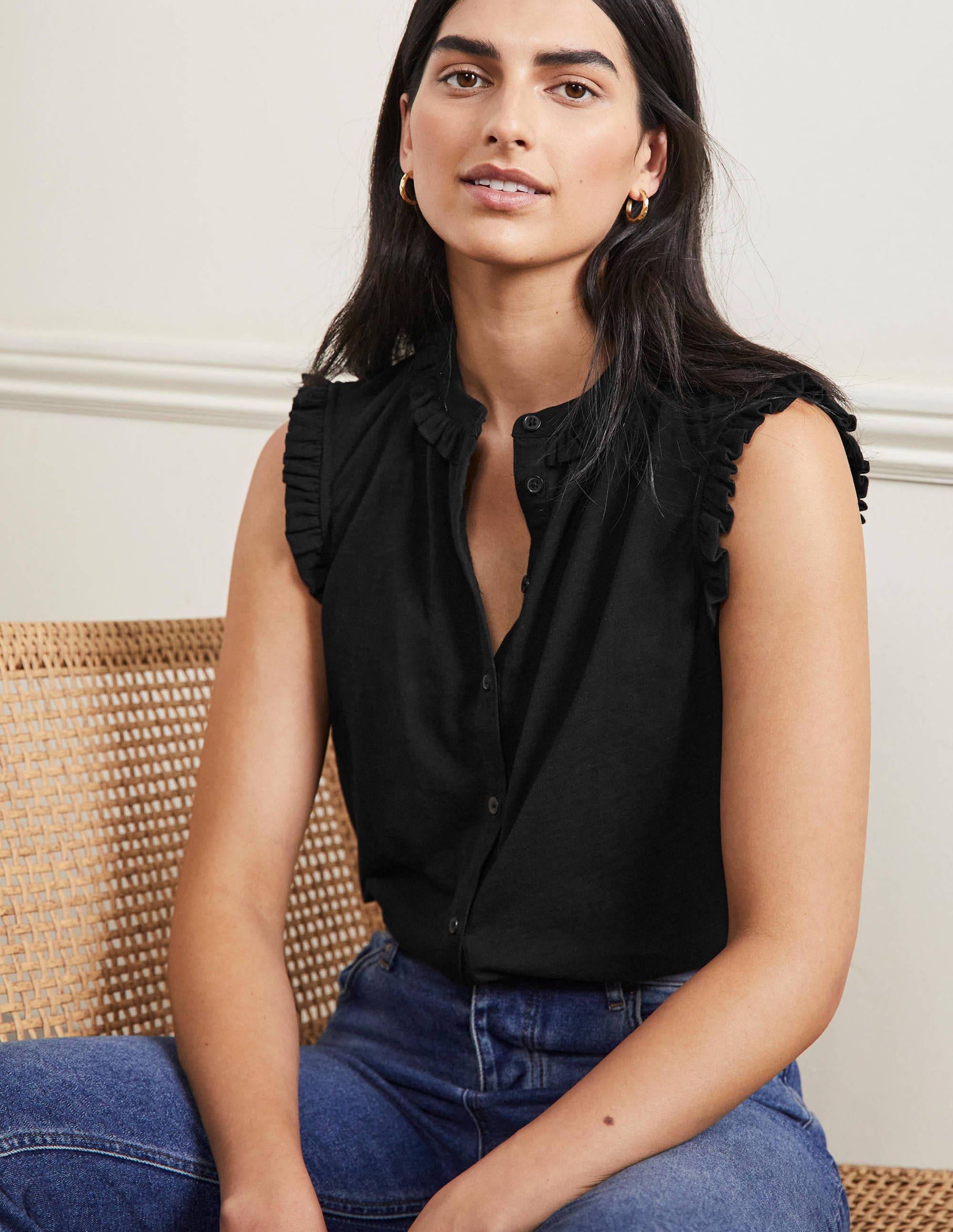 Frill Detail Grown On Shirt-Black - Image 1