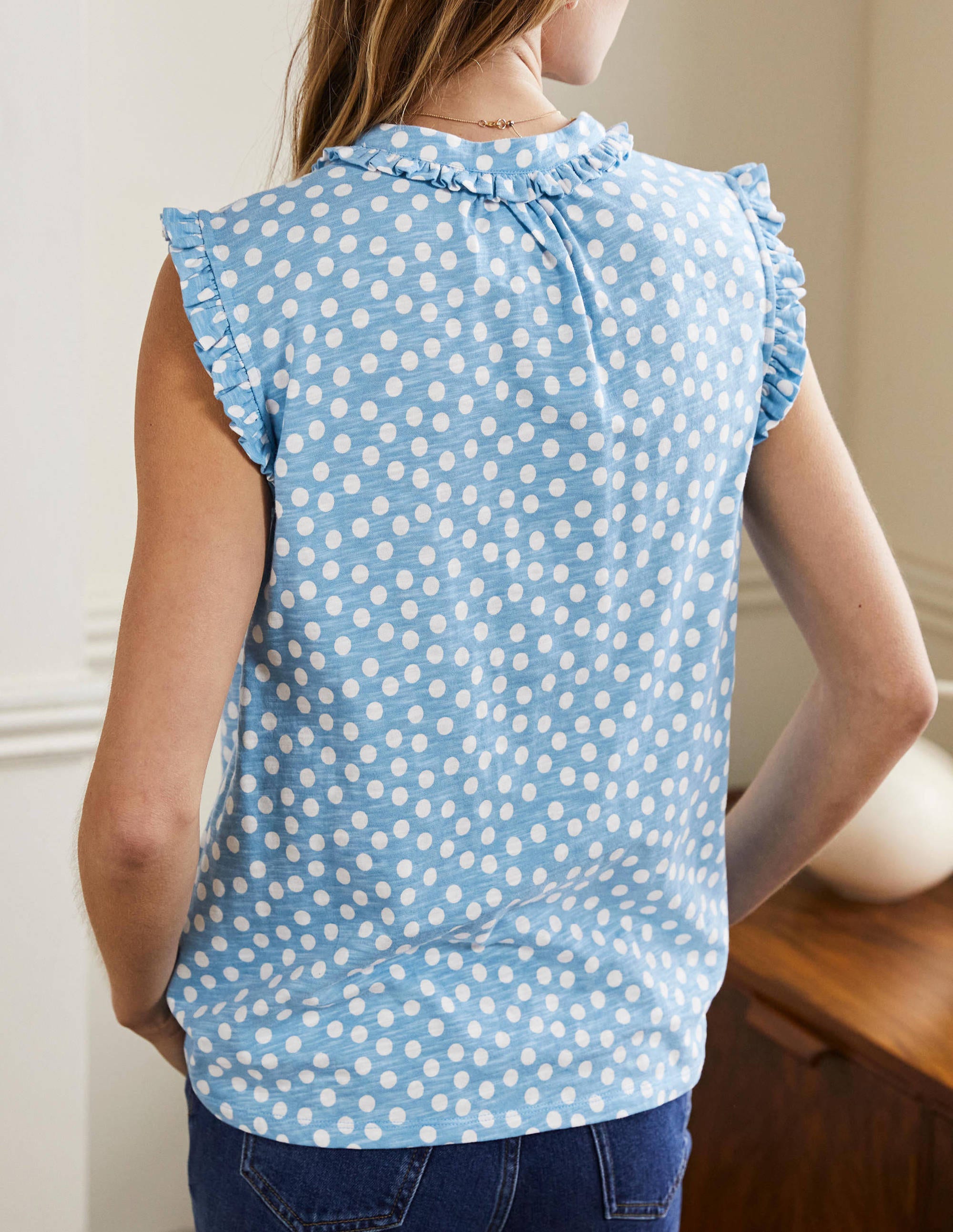 Frill Detail Grown On Shirt-Dusty Blue, Scatter Dot - Image 3