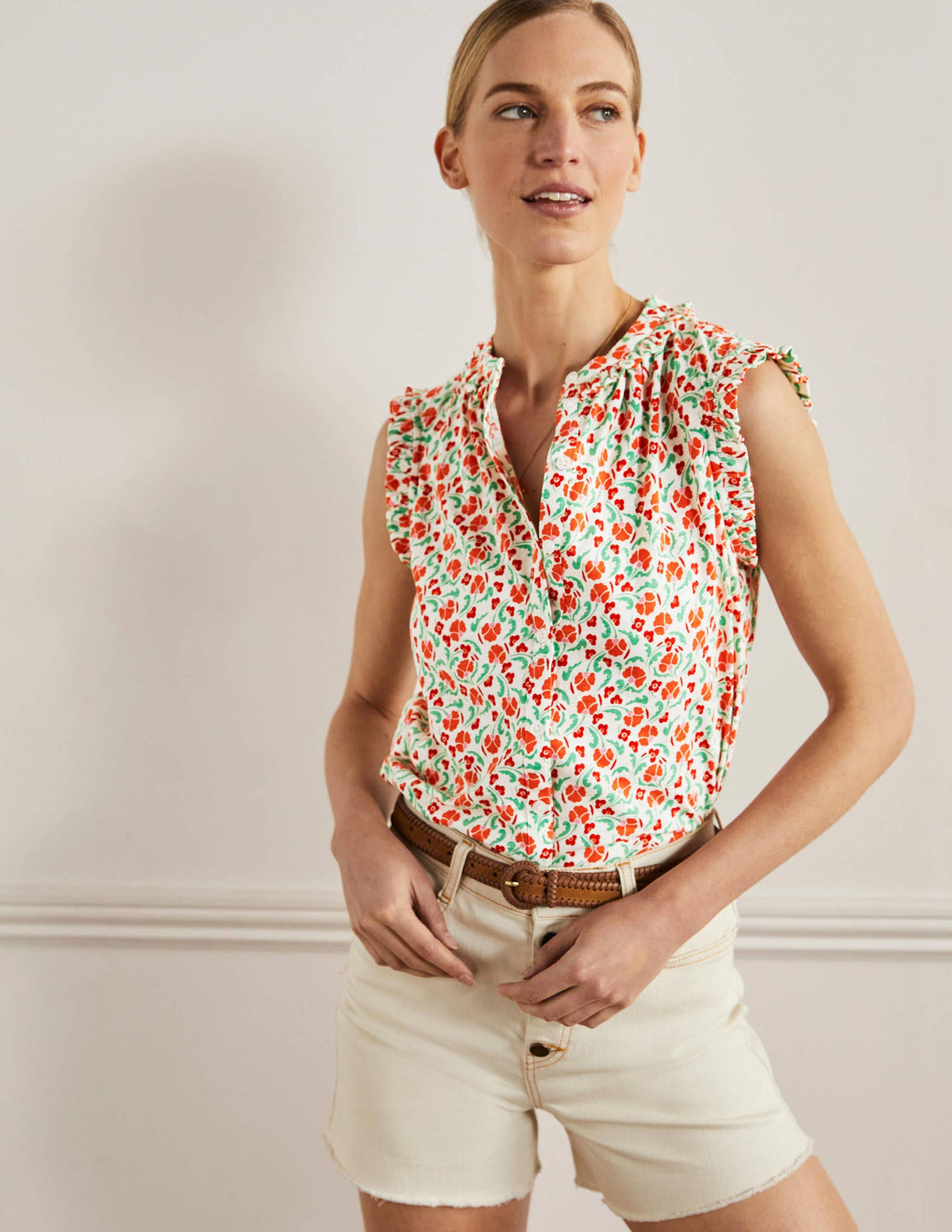 Frill Detail Grown On Shirt-Bright Papaya, Delicate Bud-1