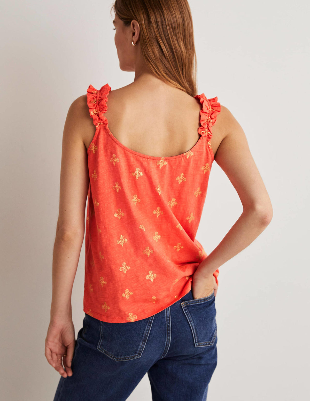 Frill Strap Jersey Top-Bright Papaya, Poppy Bloom-7