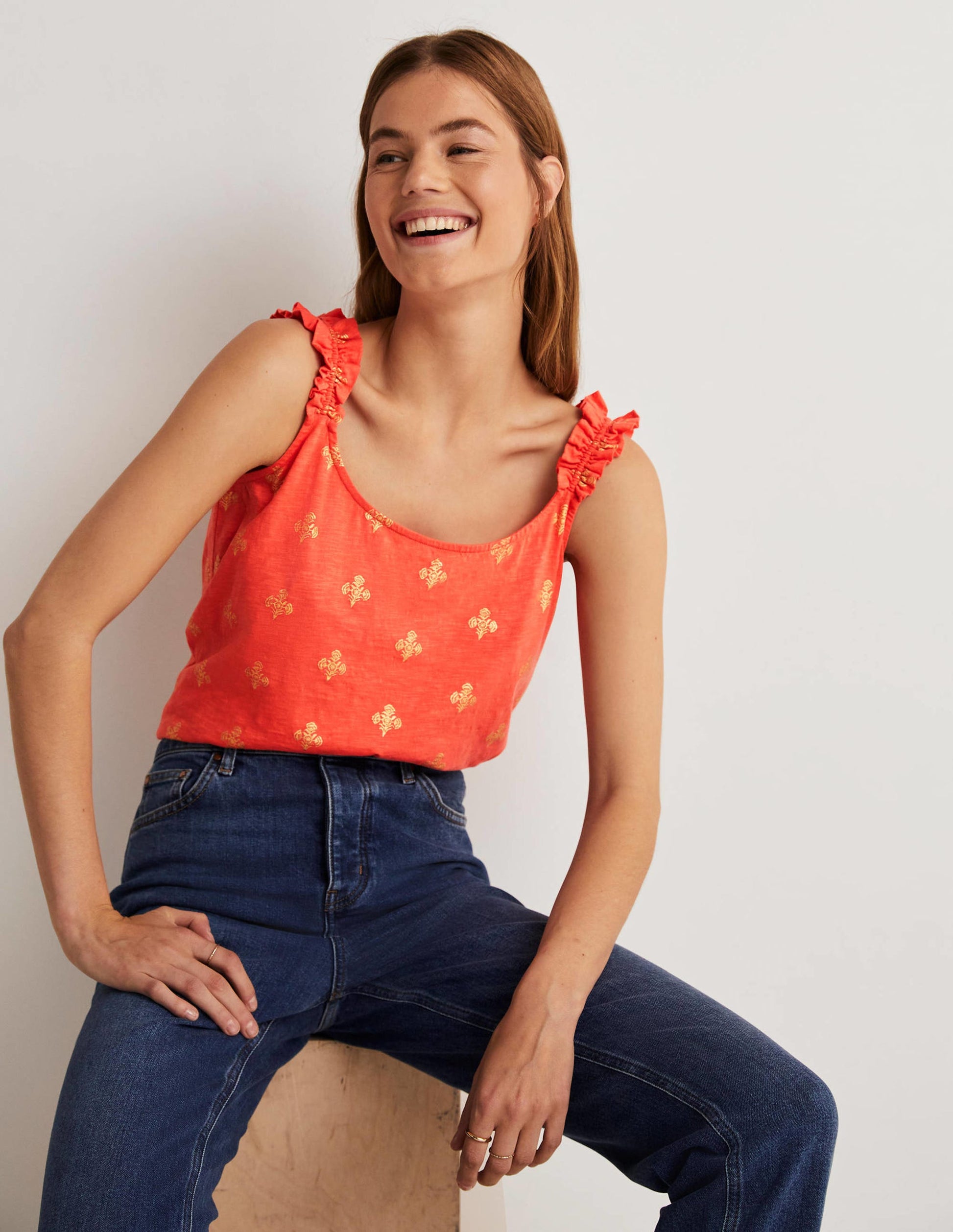 Frill Strap Jersey Top-Bright Papaya, Poppy Bloom-1