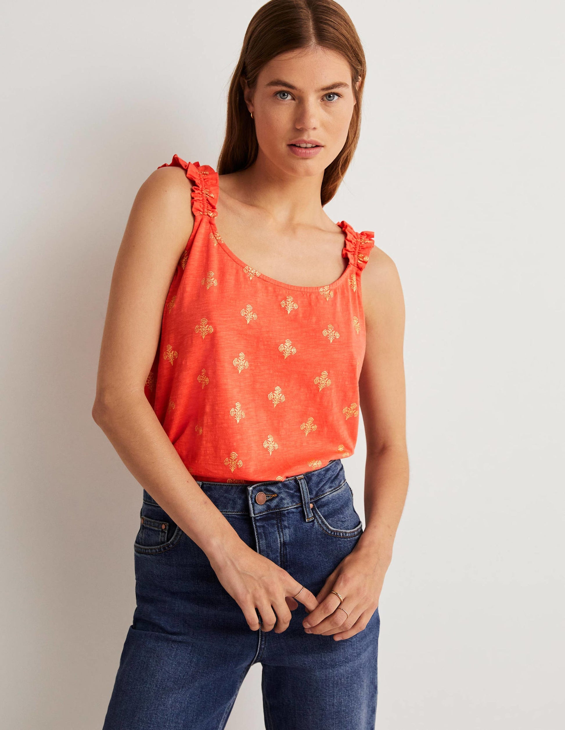Frill Strap Jersey Top-Bright Papaya, Poppy Bloom-4