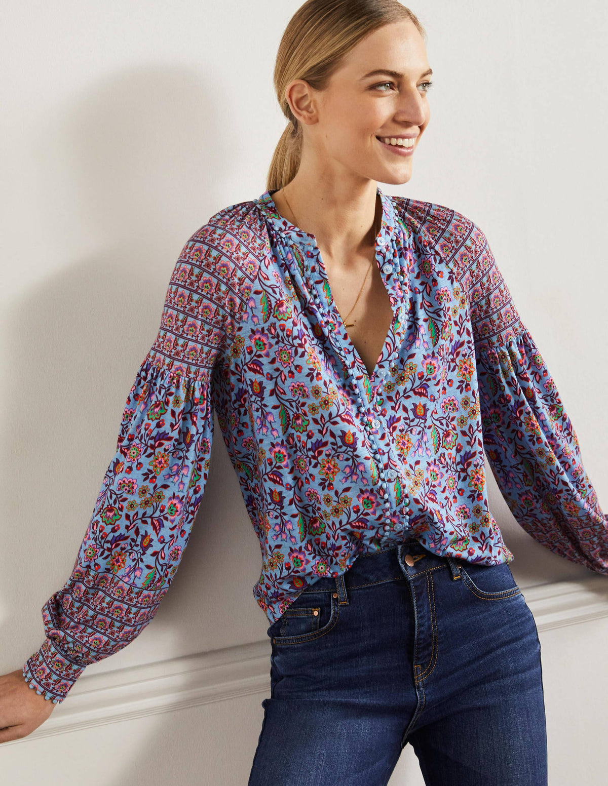 Printed Detail Jersey Shirt-Dusty Blue, Oriental Meadow - Image 1