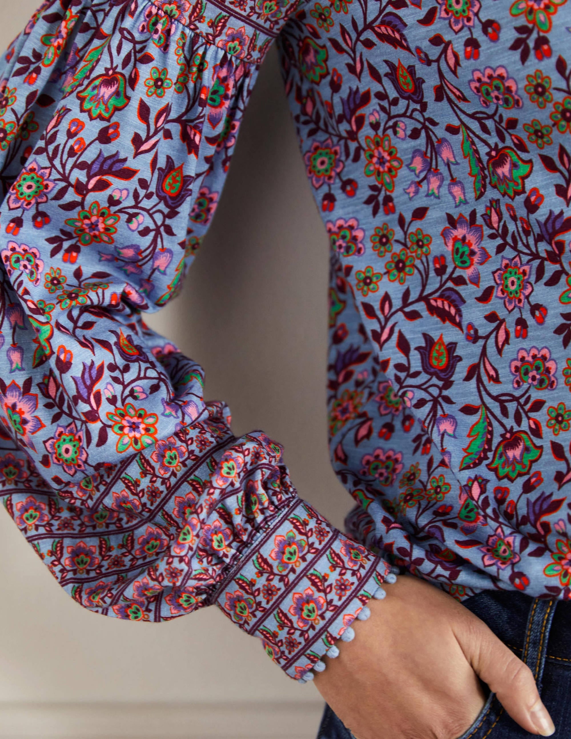 Printed Detail Jersey Shirt-Dusty Blue, Oriental Meadow - Image 2