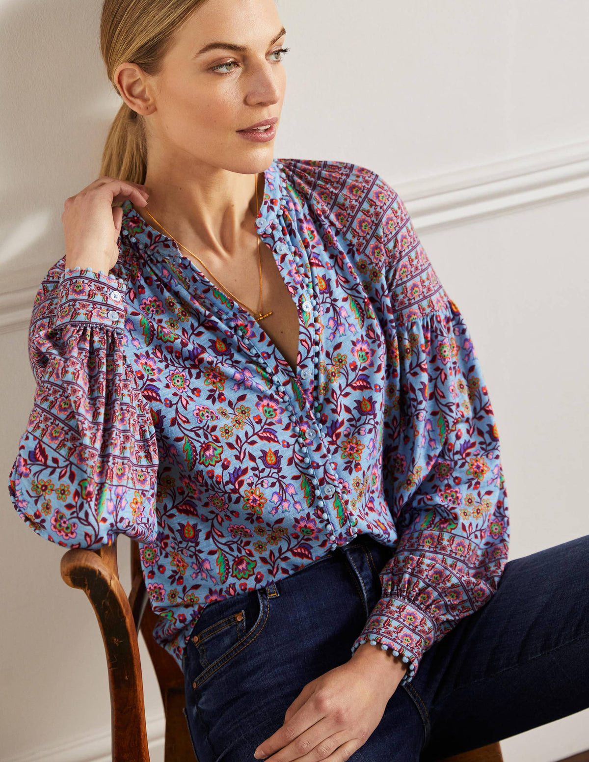 Printed Detail Jersey Shirt-Dusty Blue, Oriental Meadow - Image 4