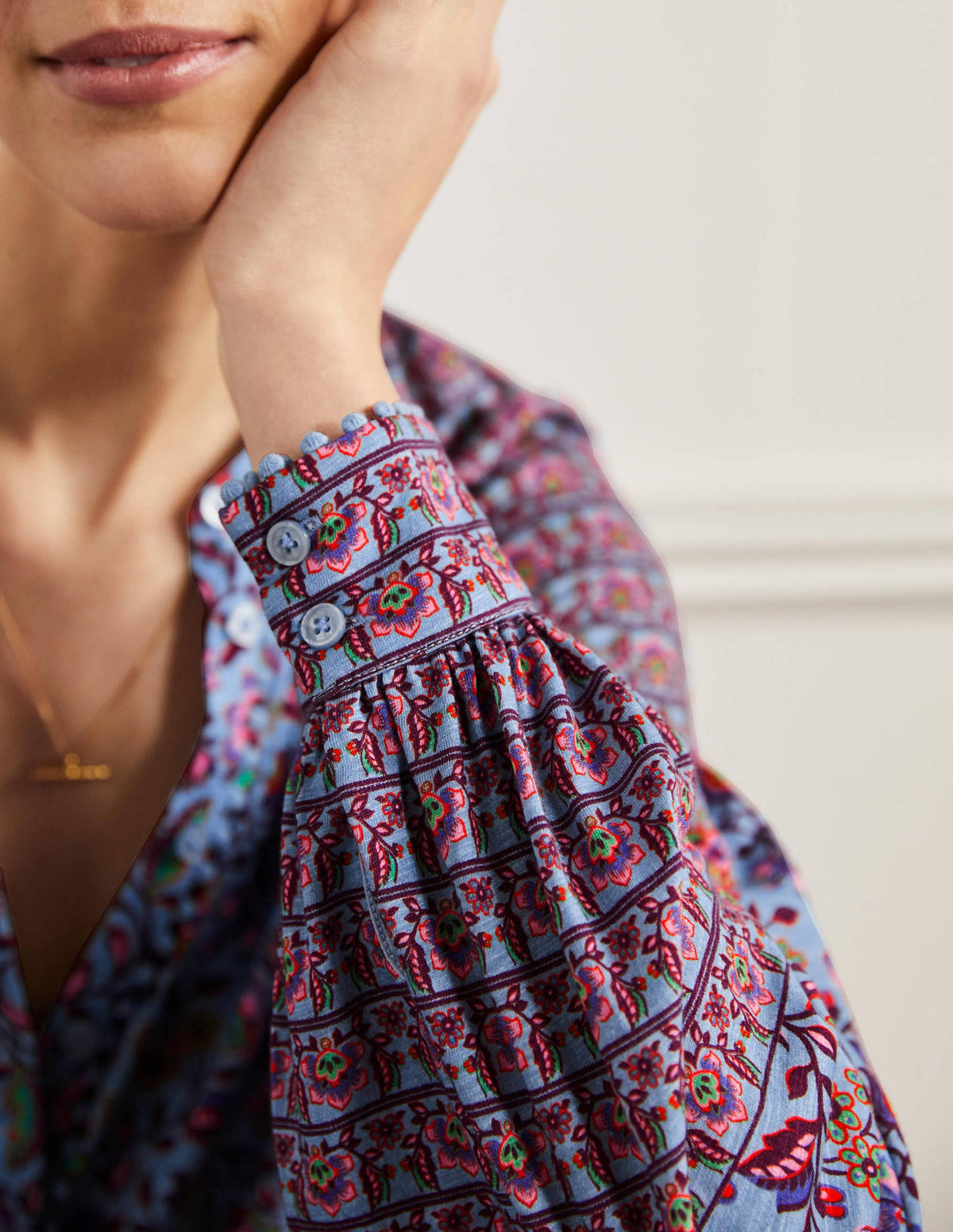 Printed Detail Jersey Shirt-Dusty Blue, Oriental Meadow - Image 5