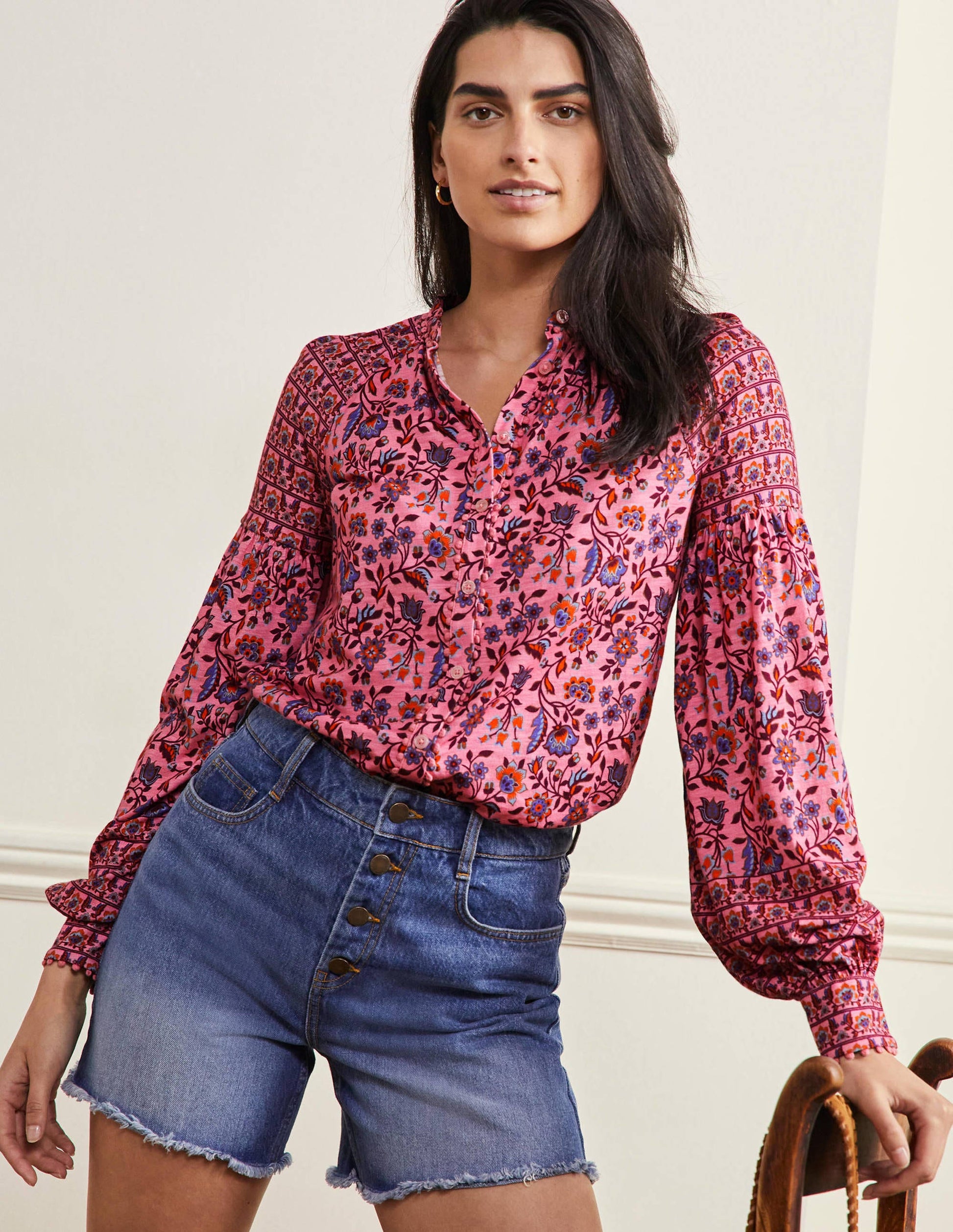 Printed Detail Jersey Shirt-Formica Pink, Oriental Meadow-1