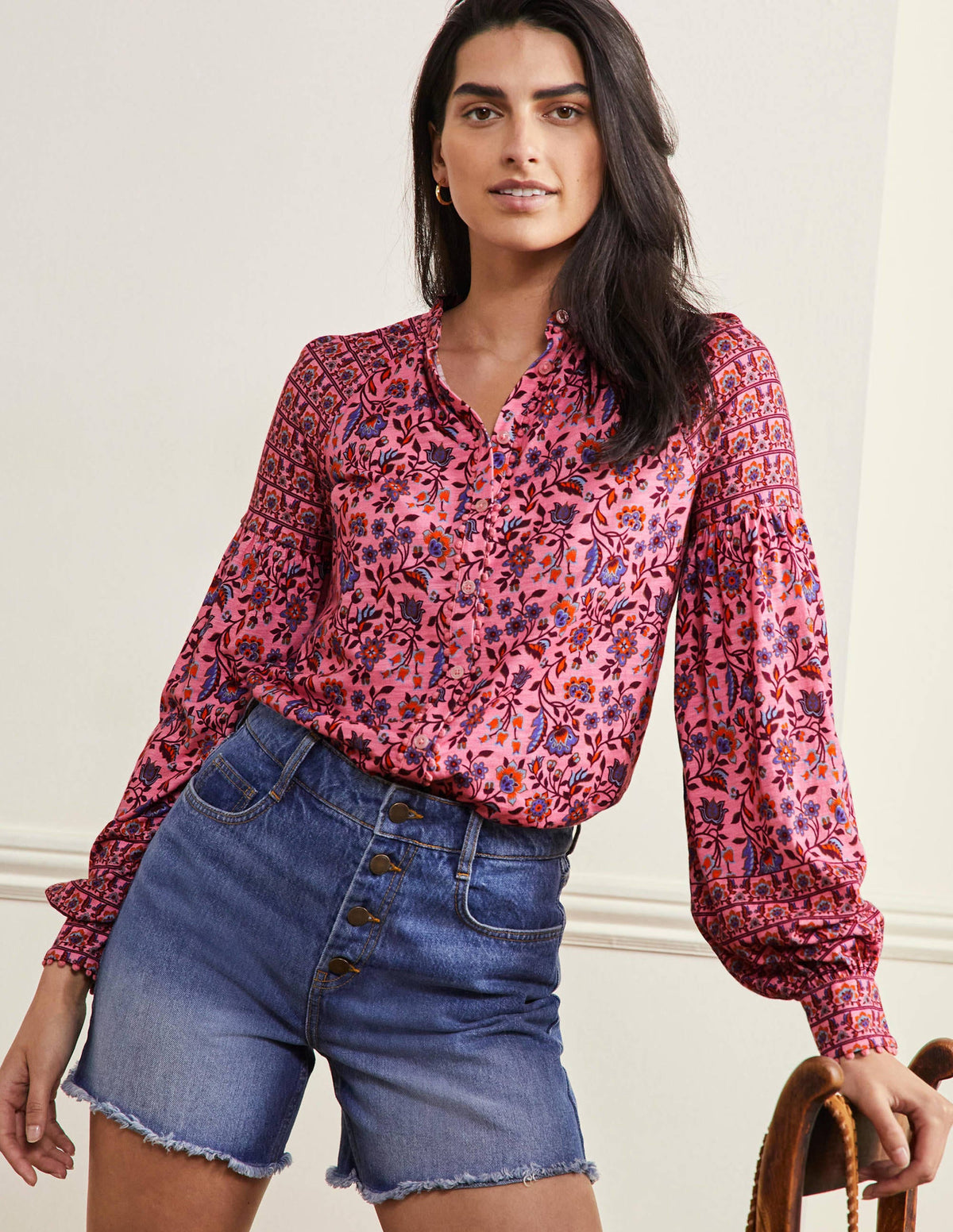 Printed Detail Jersey Shirt-Formica Pink, Oriental Meadow - Image 1