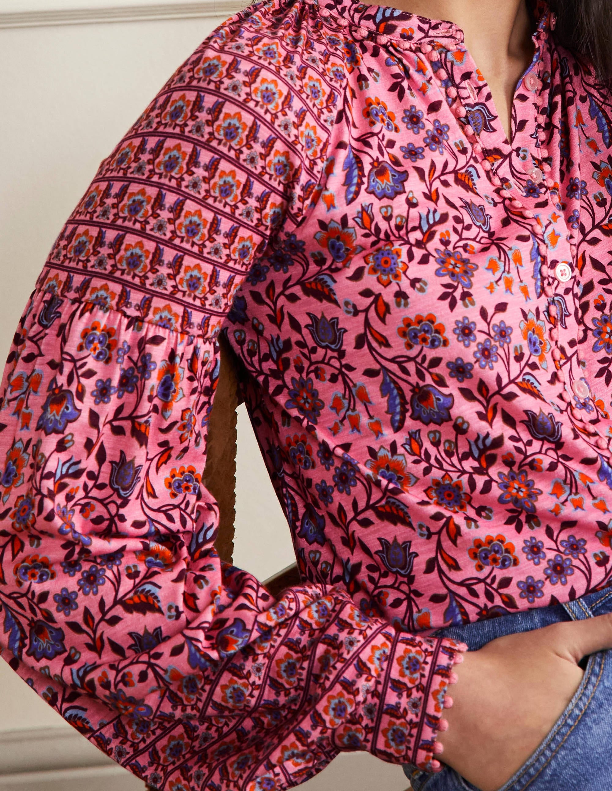 Printed Detail Jersey Shirt-Formica Pink, Oriental Meadow - Image 2