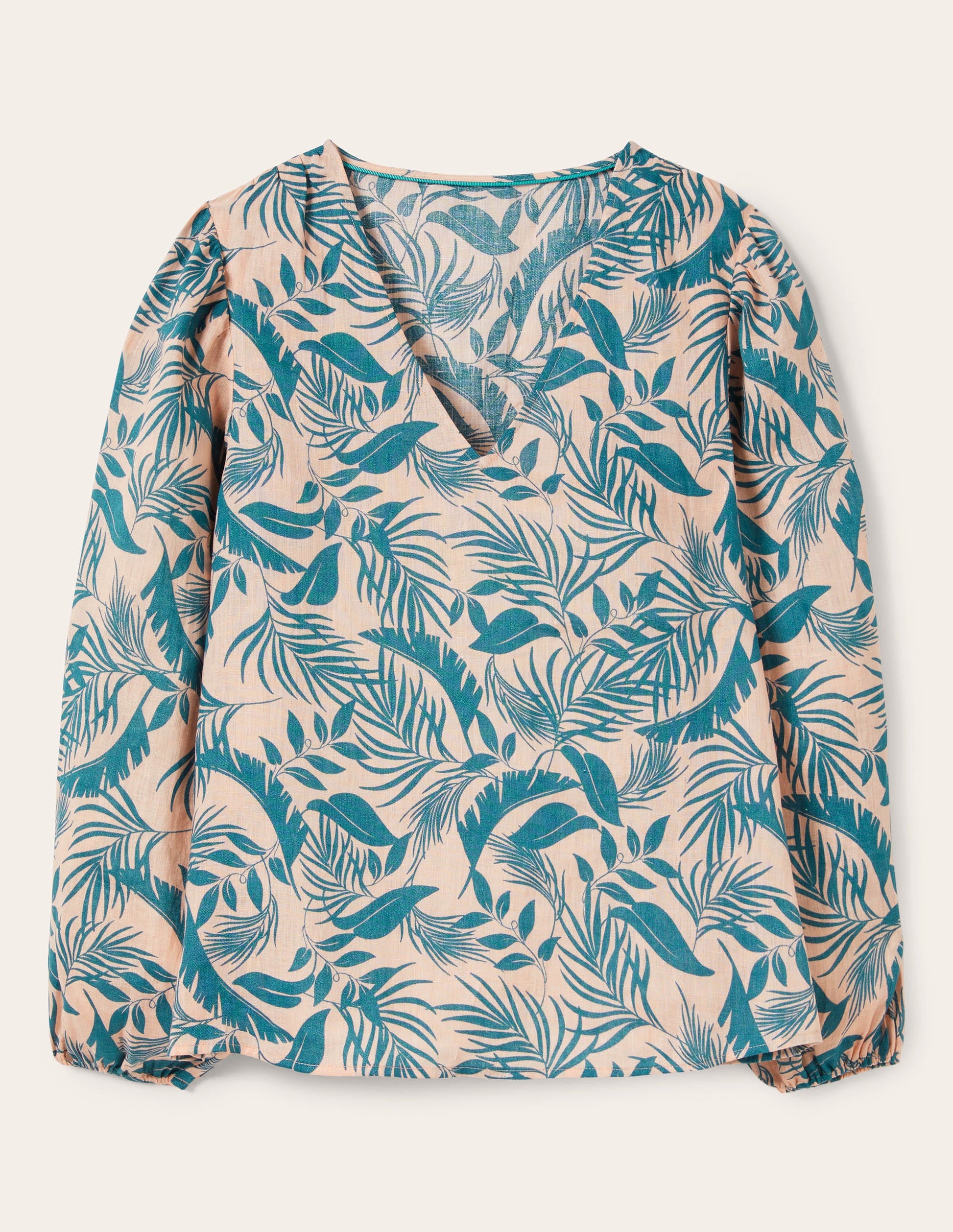 V-Neck Linen Top-Milkshake, Tropic Foliage-1