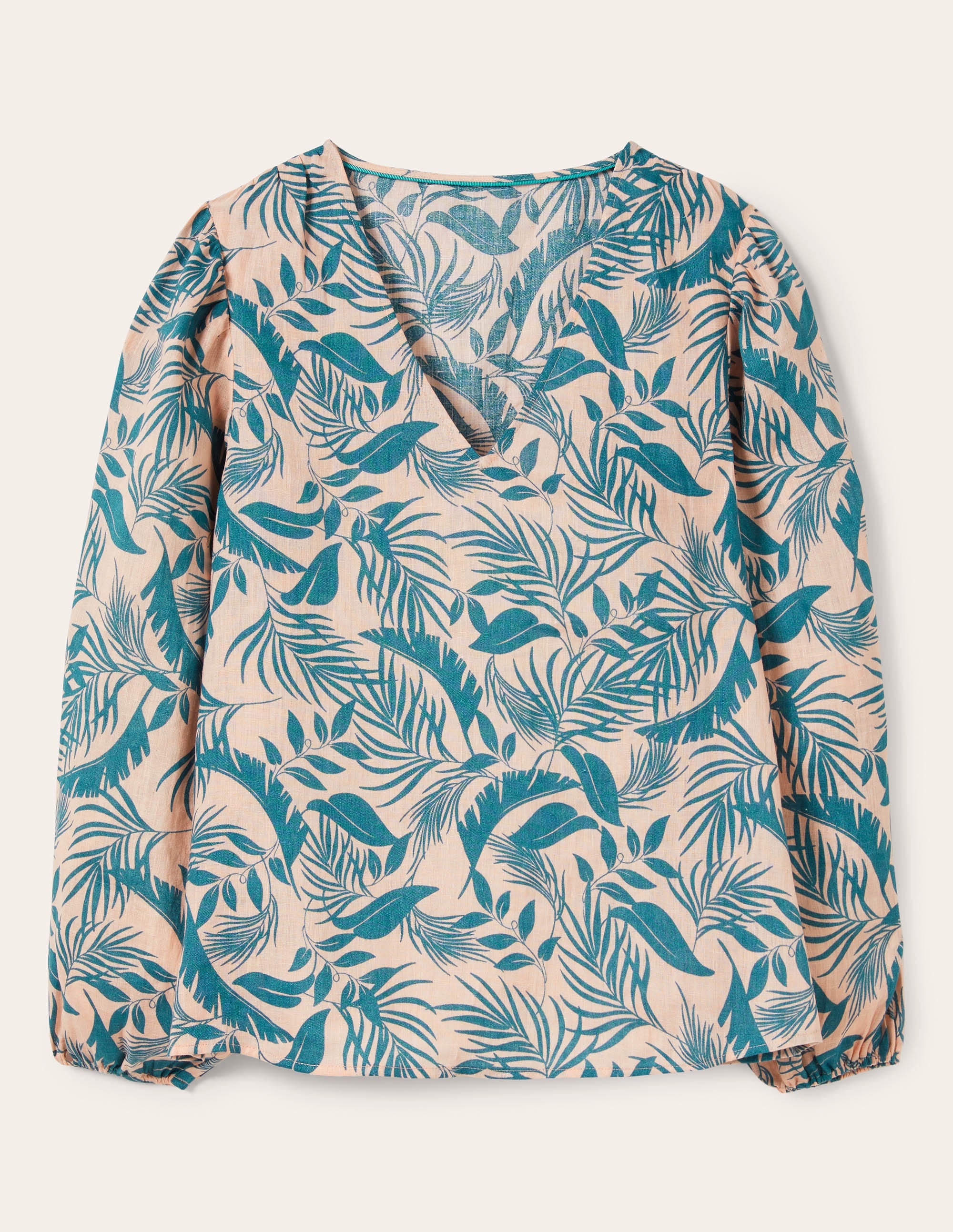 V-Neck Linen Top-Milkshake, Tropic Foliage - Image 1