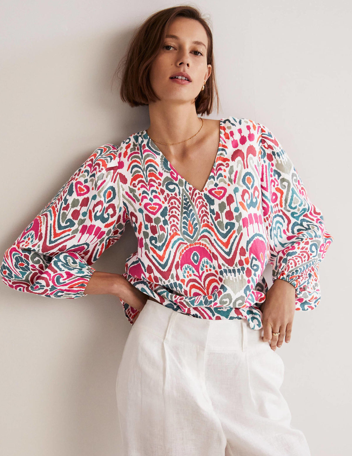 V-Neck Linen Top-Multi, Ikat Charm - Image 1