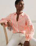Anna Blouson Linen Shirt-Papaya/Ivory Stripe
