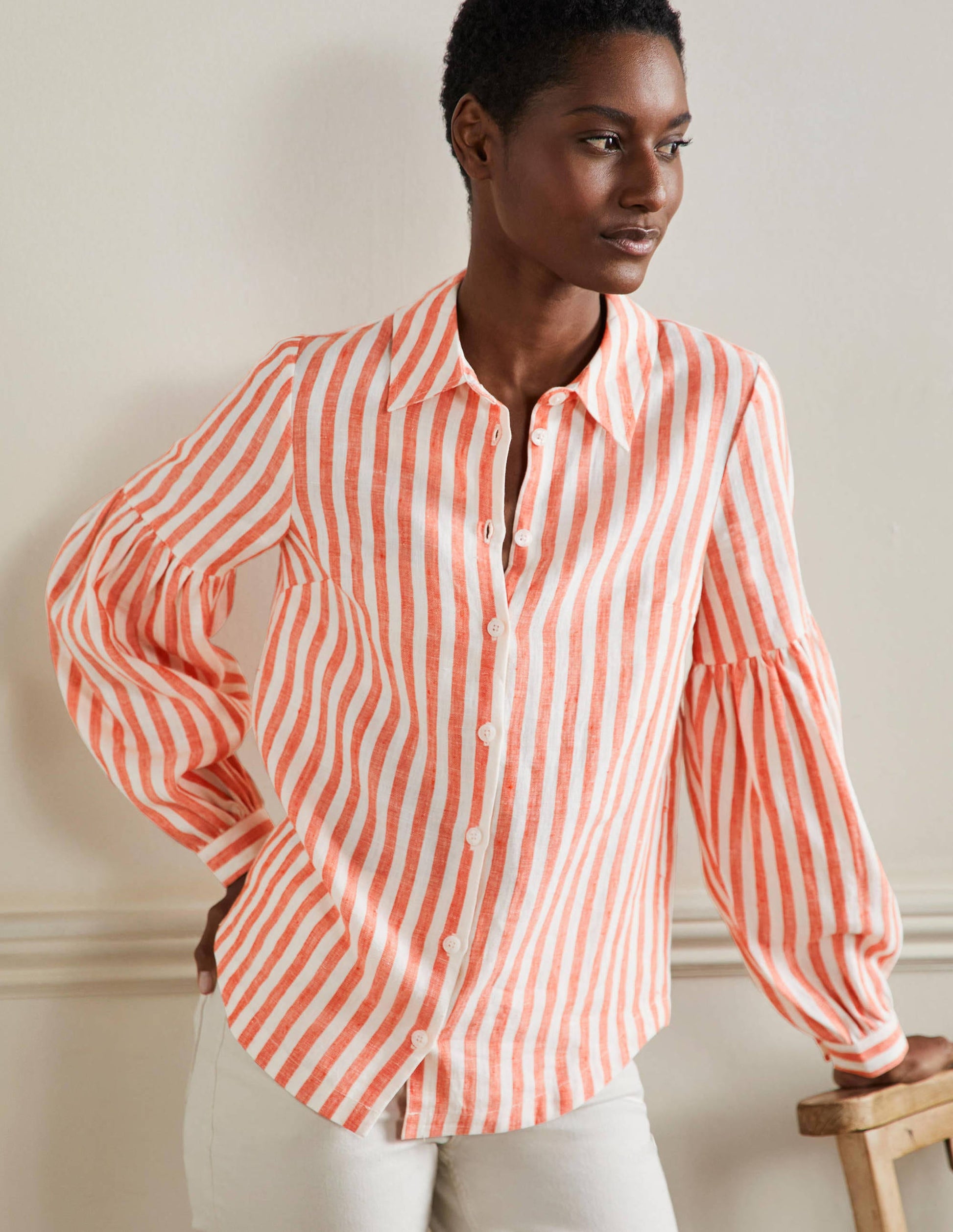 Anna Blouson Linen Shirt-Papaya/Ivory Stripe-4